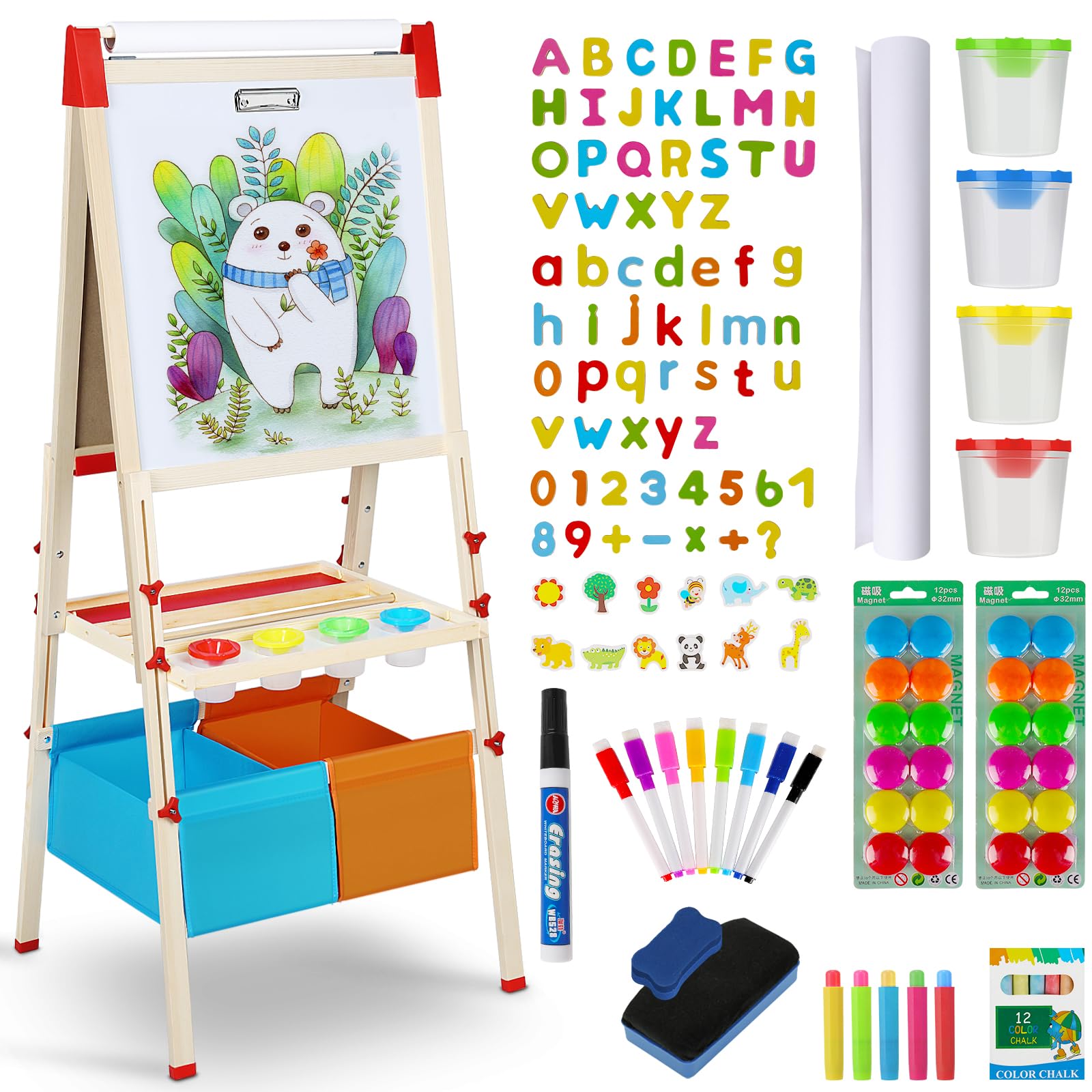 Easel for Kids,3 in 1 Adjustable Kids Art Drawing Easel Set,130+ Art Supplies,Wooden Double Sided Magnetic Chalkboard and White Board with Paper Roll,