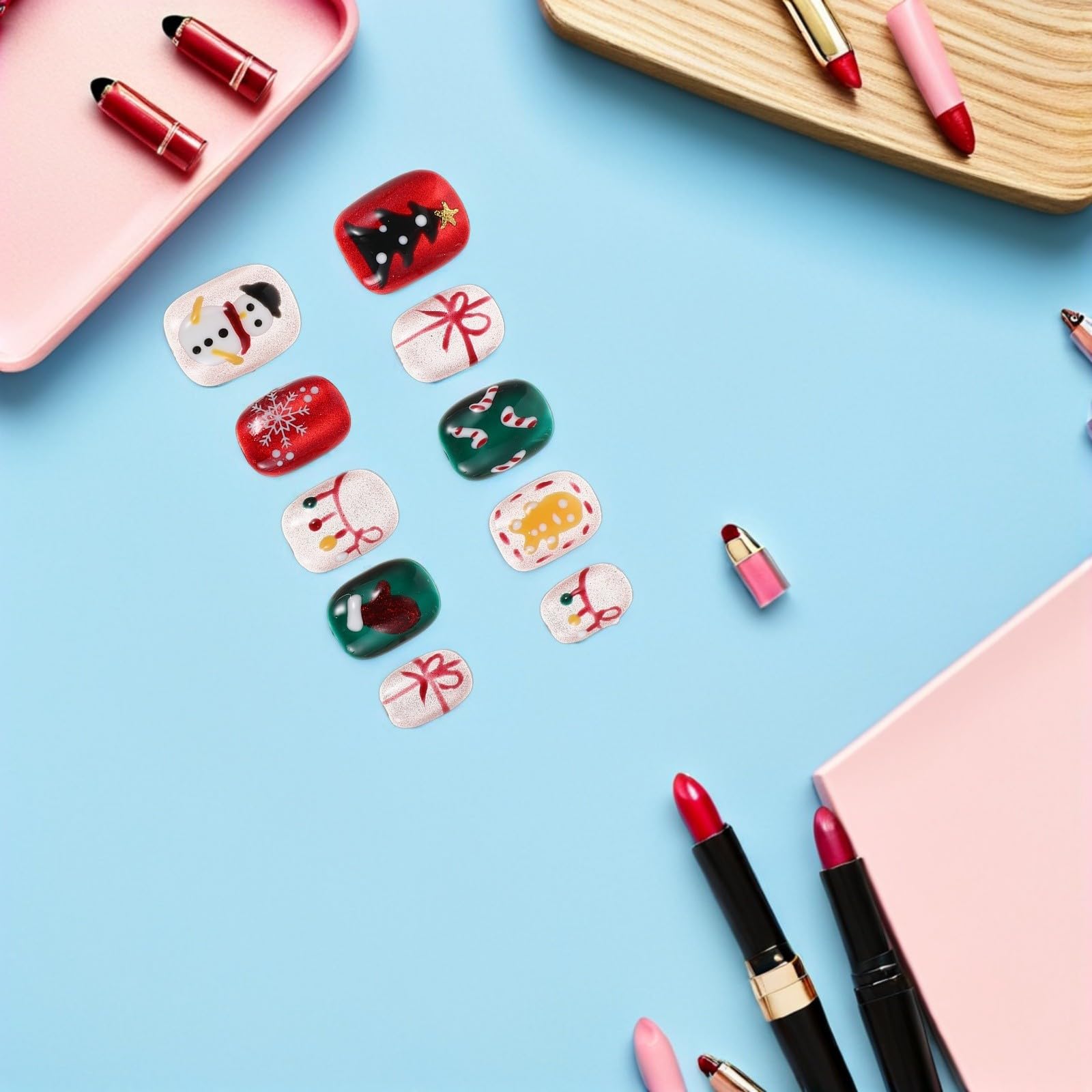 5 Sets Kurze Weihnachtliche Press On Nägel mit Kunststoff, Rund,