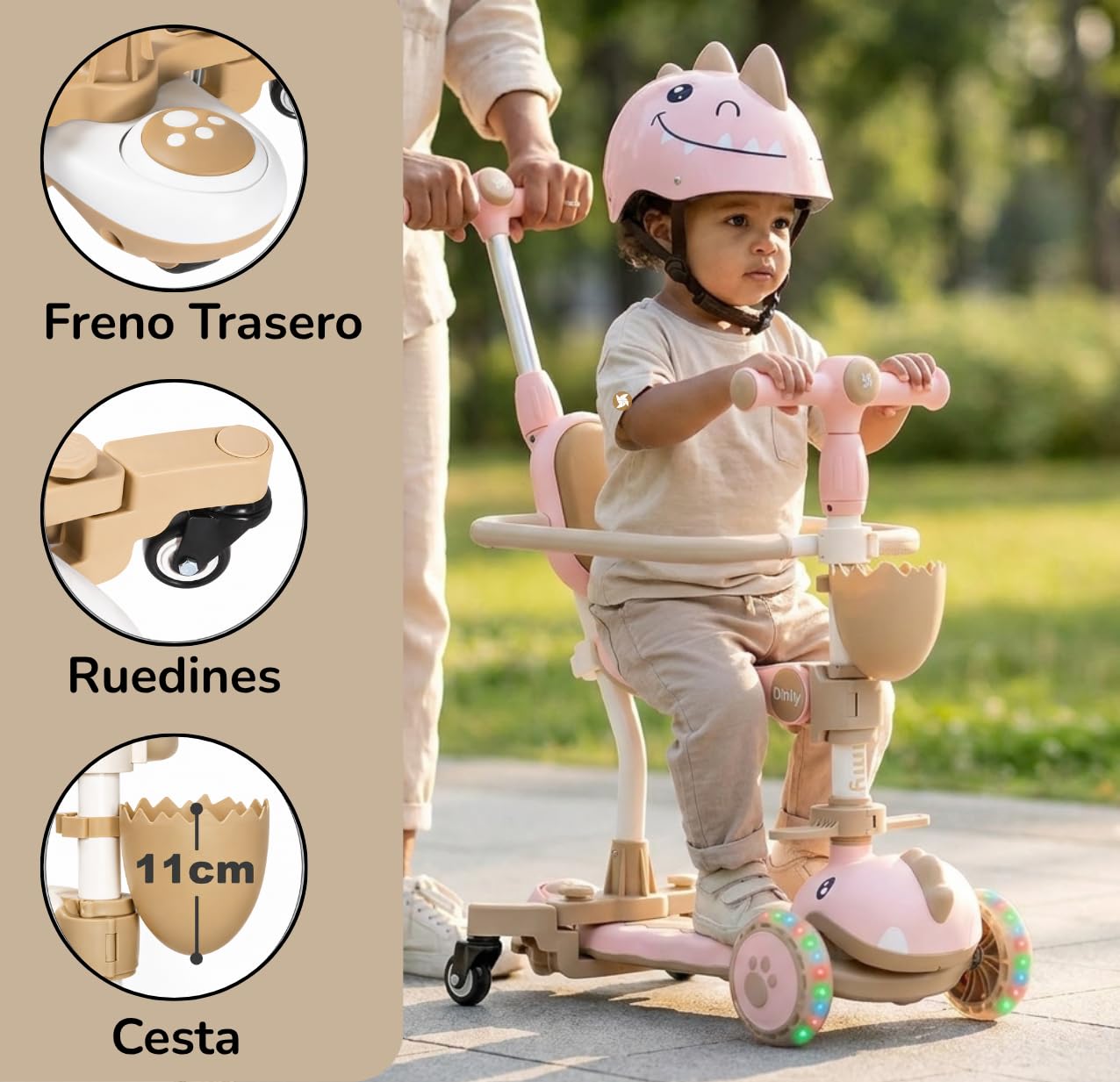 Twinly Dinly Patinete Evolutivo 3 en 1 con Asiento y casco incluido, Rosa | Manillar parental ajustable, ruedas LED, plegable y hasta 30 kg.