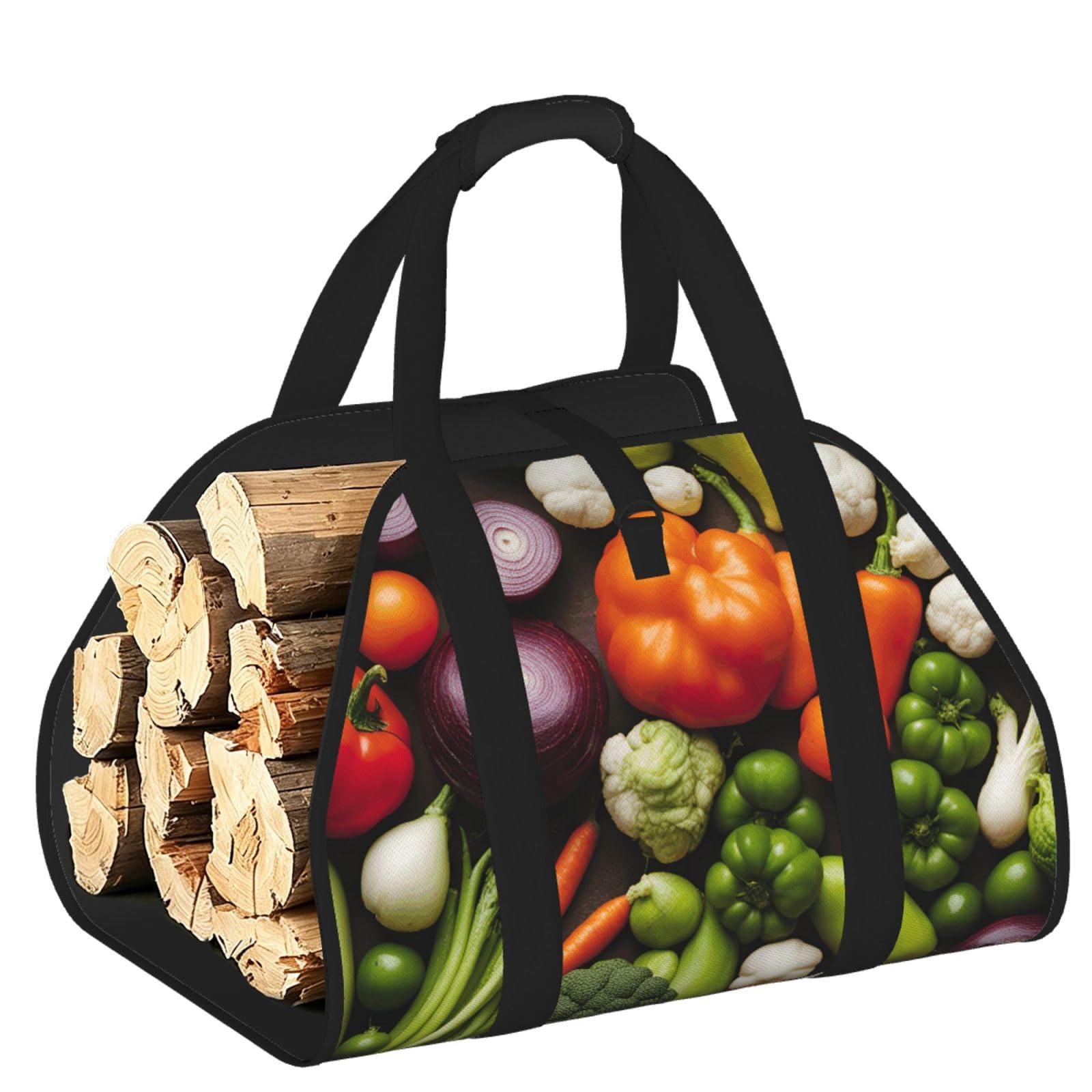 Ayyqwe Black Introduction Of Various Vegetables Print Firewood Bag Wood Waterproof Versatile Camping Picnic Storage Daily Home