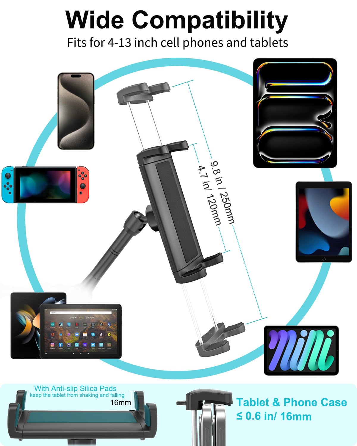 Soporte Tablet Pared Universal, Ajustable Metal Soporte Pared Cocina para iPad 10,9, iPad Pro 13 12.9 11, iPad Air 6 5 4, iPad Mini, Galaxy Tab A9+, iPhone, 4" -13" Tableta y Teléfono