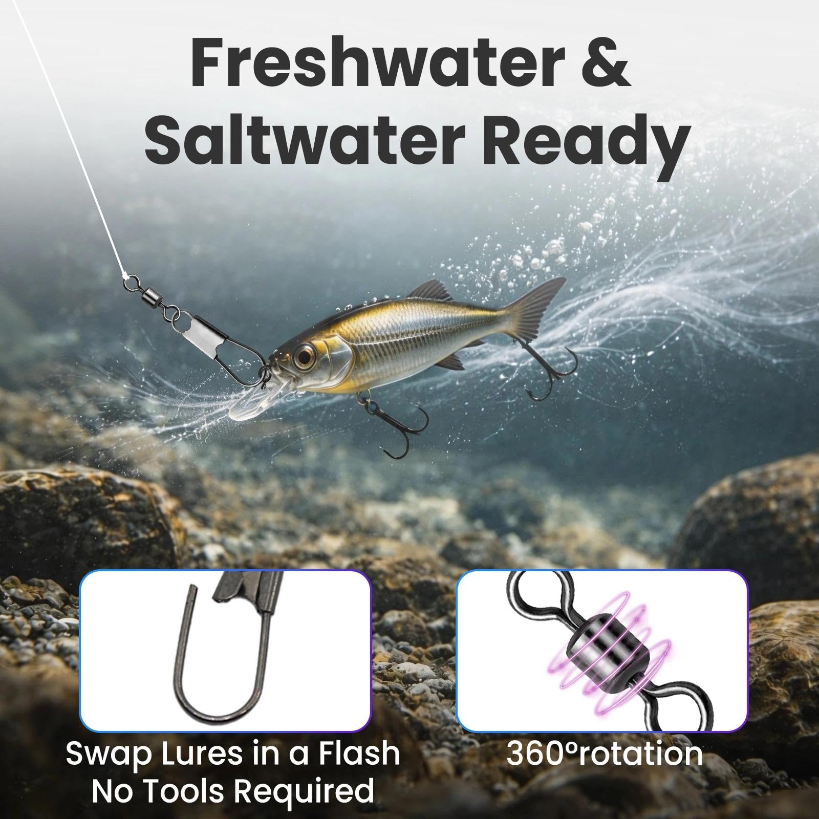 Natufish Girelle a scatto da pesca e girelle a barilotto – Confezione da 50 clip girevoli in acciaio inox resistente alla corrosione per acqua salata/acqua dolce con blocco di sicurezza e cuscinetto a