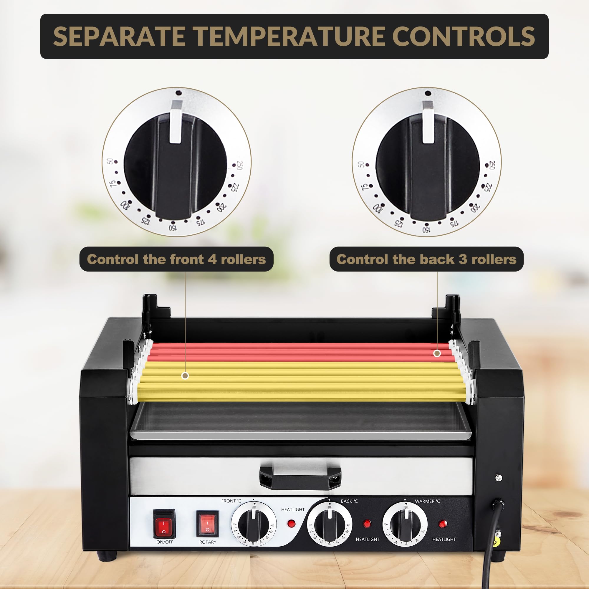 Commercial Hot Dog Roller Machine - Stainless Steel Sausage Grill with Dual Temp Control, Glass Hood & Bun Warmer - 18 Hot Dogs Capacity for Restaurants, Food Trucks, Convenience Stores