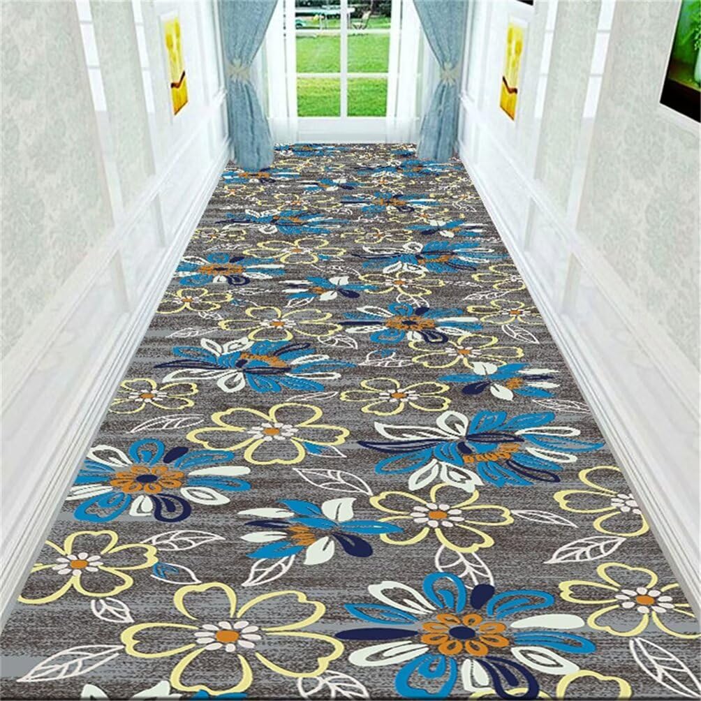 Tapis de salon moderne bleu 50x80cm avec motif floral gris lavable en machine