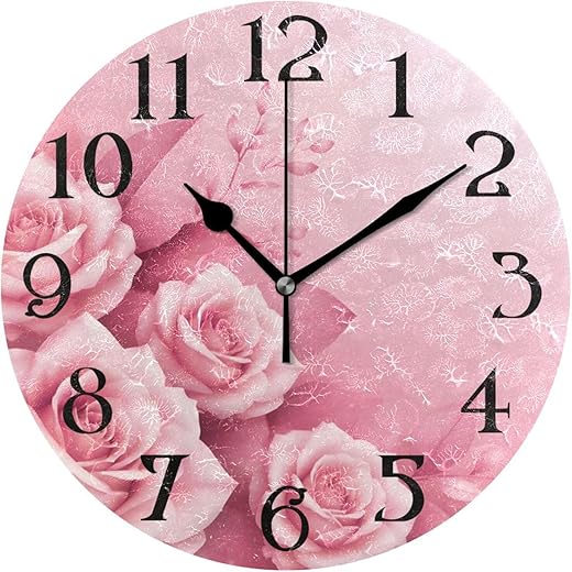 ALAZA Pink Wall Clock Pink Roses Clock Non Ticking Silent Bathroom Clocks 9.5 in Round Battery Operated Operated Quartz for Living Room Kitchen Decor