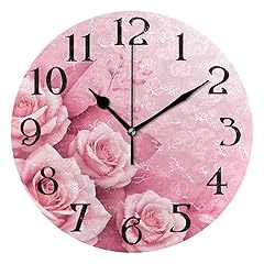 ALAZA Pink Wall Clock Pink Roses Clock Non Ticking Silent Bathroom Clocks 9 . 5 in Round Battery