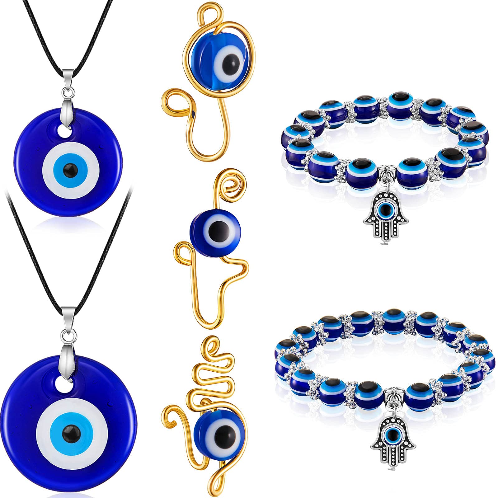 2 Pieces Evil Eye Pendant Necklace Glass Leather Rope Chain, 2 Pieces Hand Stretch Bracelet and 3 Pieces Evil Eye Nose Cuff Fake Nose Ring for Women and Men