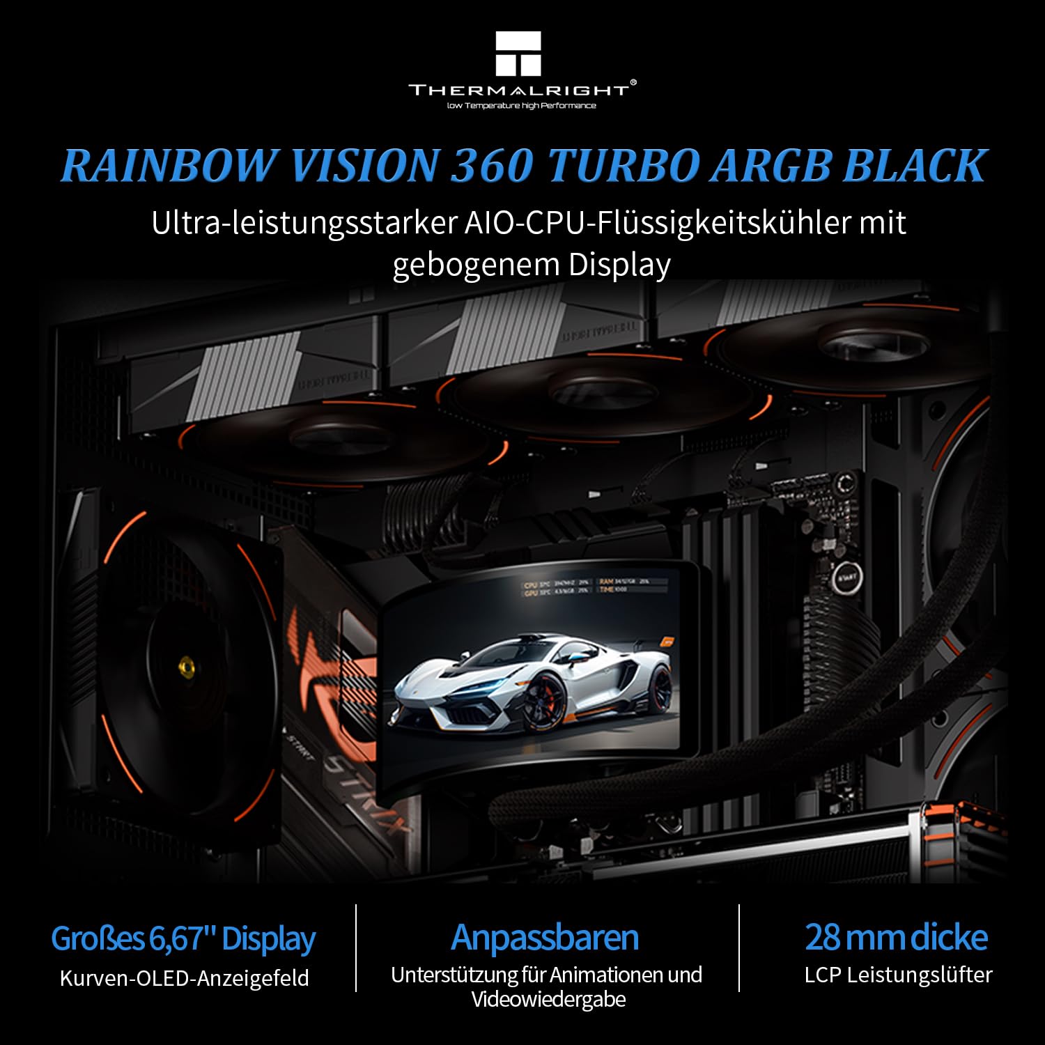 Thermalright Rainbow Vision 360 Turbo ARGB Black Refroidisseur de liquide pour processeur AM5/Intel LGA1851/1700, écran incurvé de 6,67", ventouse magnétique avec une résolution de 2400 x 1080
