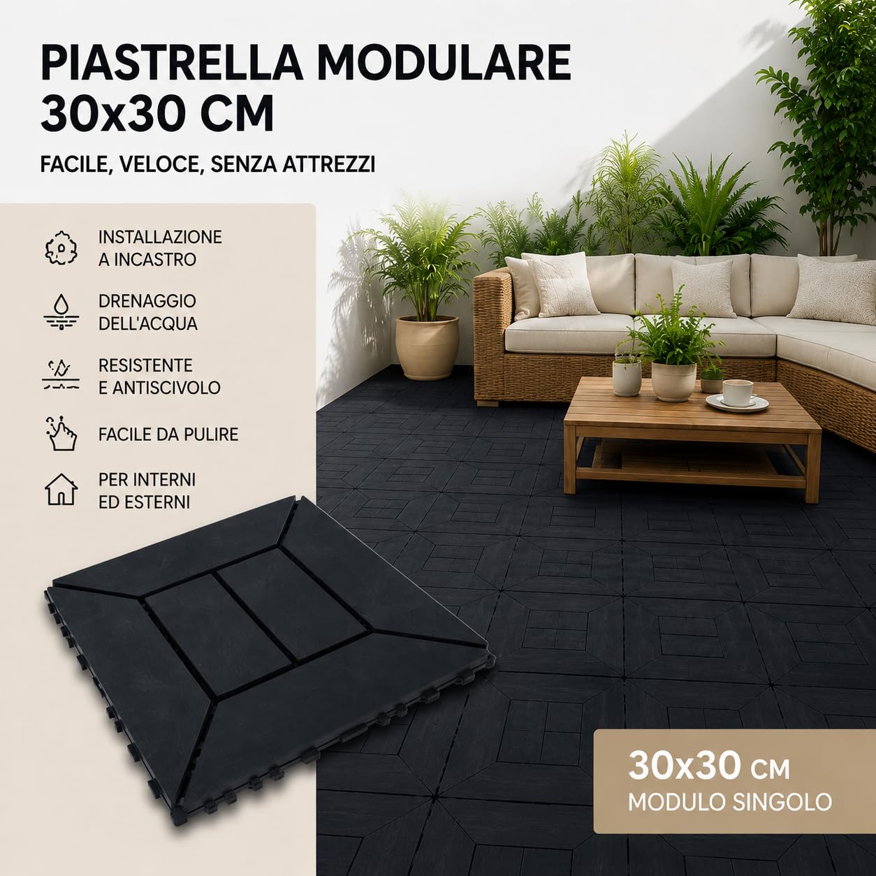 Set di Piastrelle in Plastica 30x30x2h cm - Pavimento Esterno, Giardino, Sistema a Incastro, per Terrazza, Patio, Resistente - Set da (48, Antracite)
