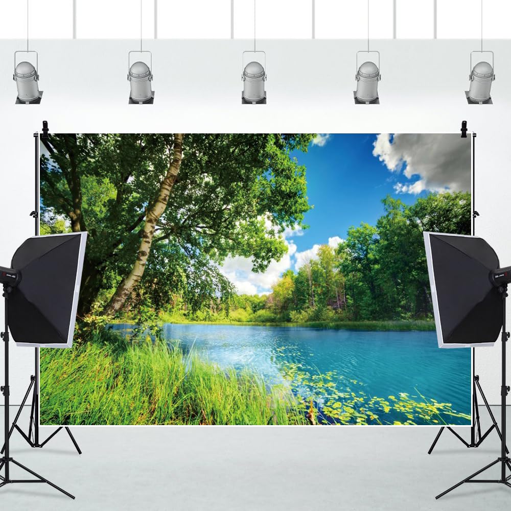 CSFOTO 5x3ft Park Scenery Backdrop River Blue Water And Tree Forest Garden Blue Sky - View #8