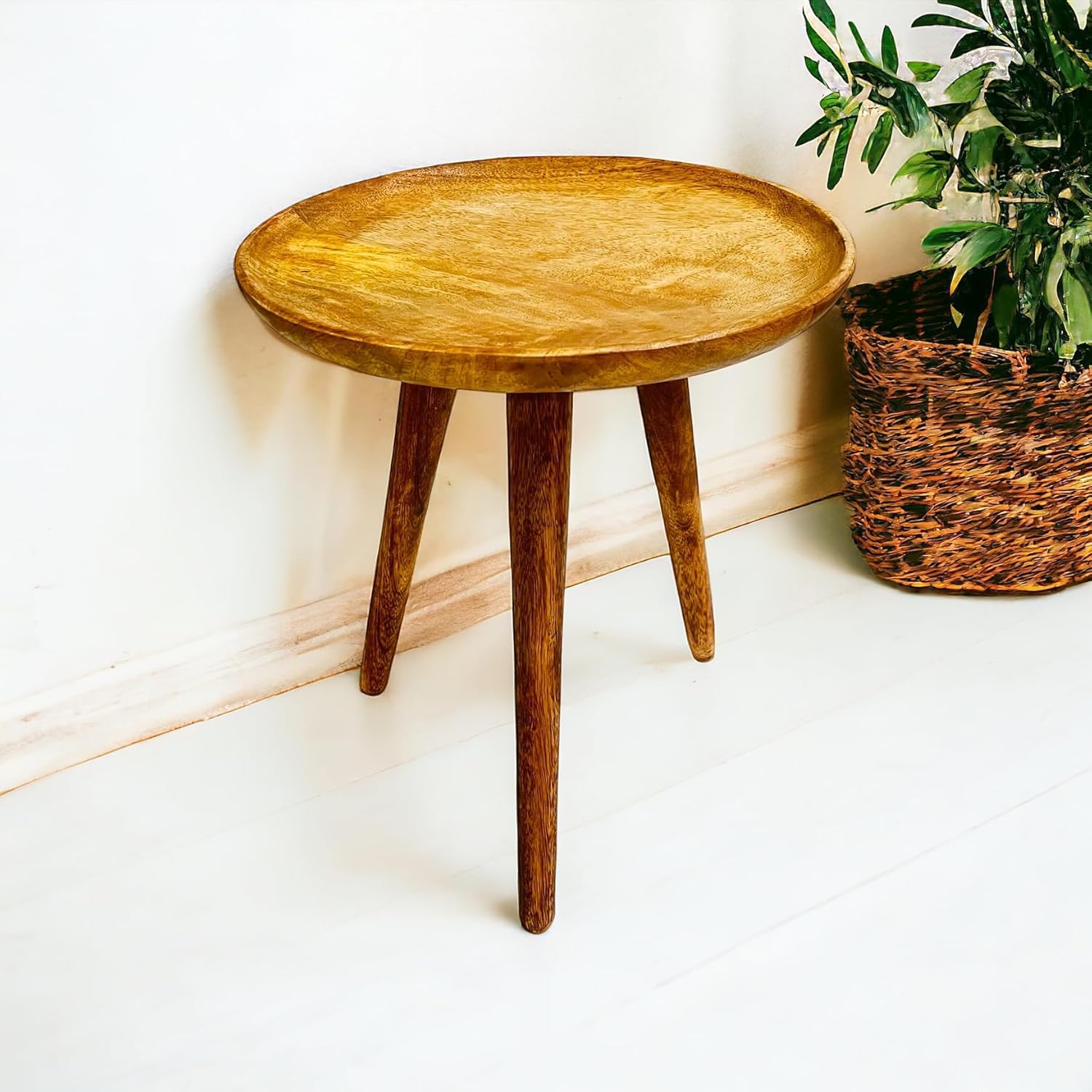 SBE(Retail) - Beautiful Mango Wood fold-able Side Table/end Table/Plant Stand/Stool Living Room Kids Play Furniture Table/Top Curve Table/Round Shape Table