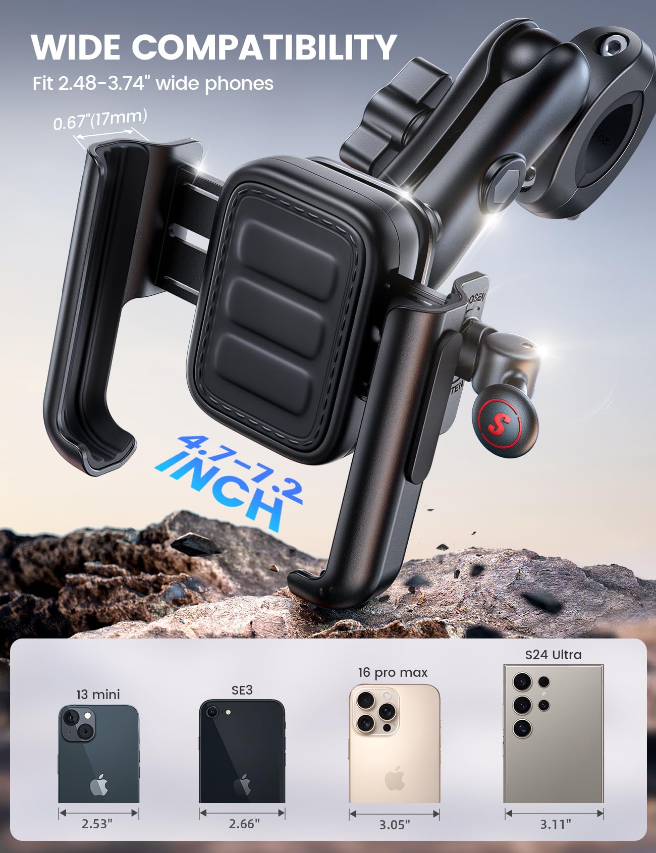 Lamicall Support Téléphone Moto - [Anti-Vibration] [Tout Métal] [Bras Rétractable] Antivol, Porte Téléphone Vélo, 2 x 360° Rotation, pour iPhone 17 16 et Smartphone de 4,7-7,2" - Noir