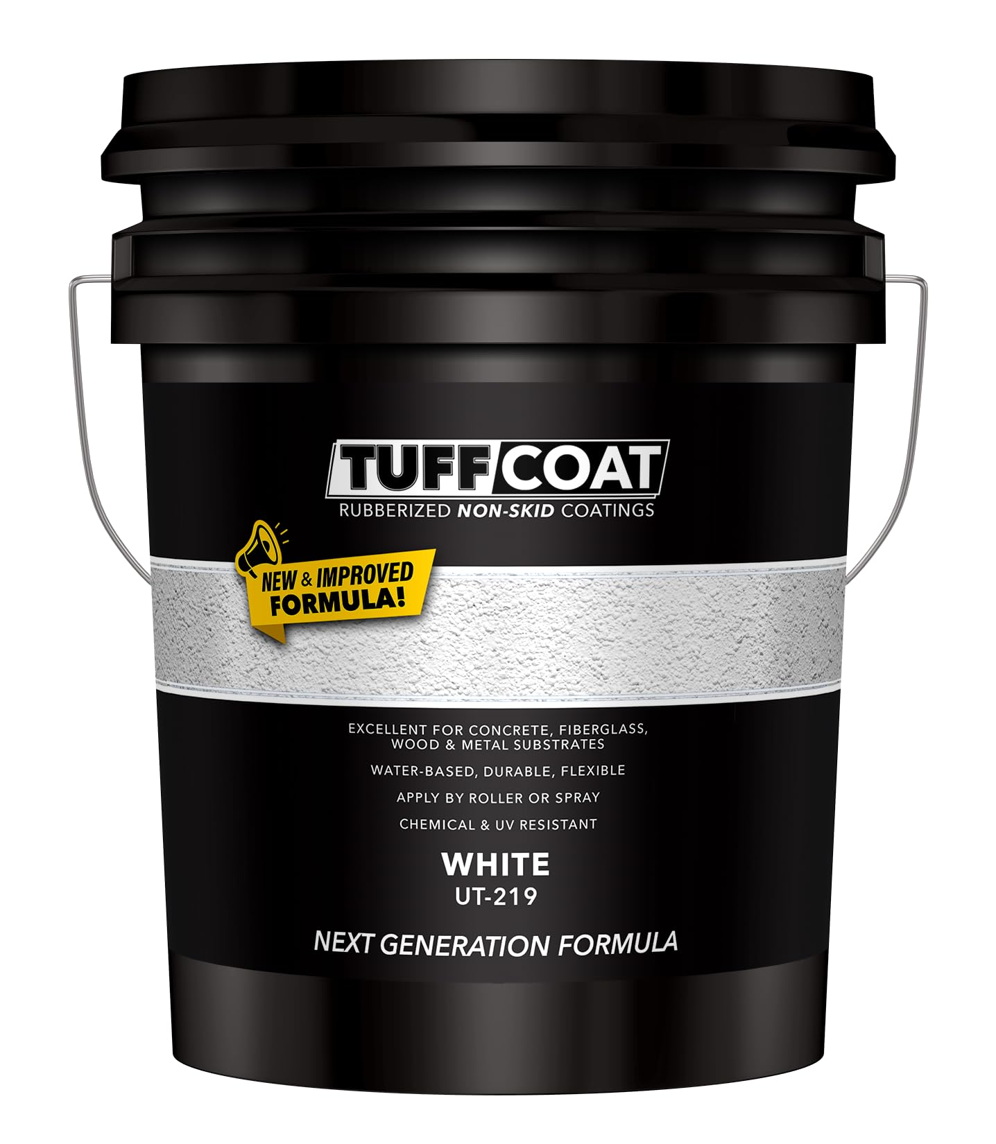 Tuff Coat Medium Texture Rubberized Non-Skid Deck Coating – Textured Non-Slip Safety Surface for Pool Decks, Docks, Boat Ramps, Patios, Walkways &amp; High-Traffic Areas (UT-219 White 5-gallon)