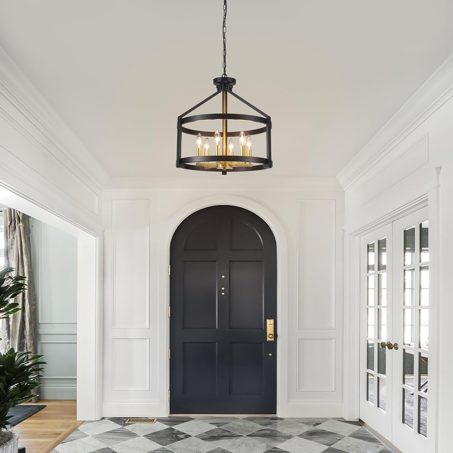 6-Light Modern Farmhouse Chandelier, Black and Gold Semi Flush Mount Ceiling Light Fixture Convertible Hanging Pendant Lights, Rustic Vintage Chandeliers for Dining Room Foyer Kitchen Bedroom Entryway