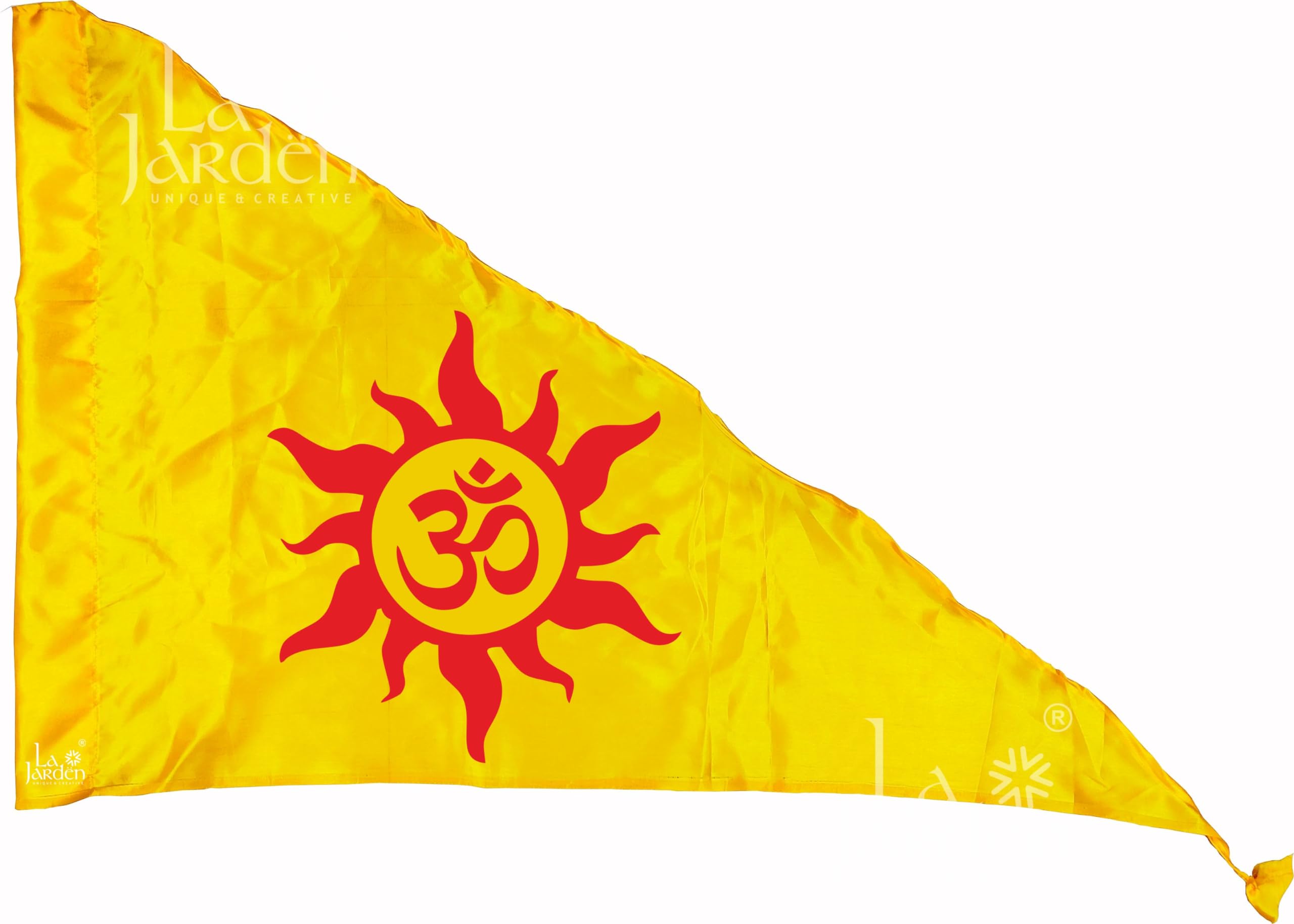 La Jarden® Red Aum printed on silky satin yellow flag, Flag for Yoga, Meditation, Omshanti bhawan, Dhwaj for Temple, House & religious purpose MEDIUM SIZE (26x40 inches) 1 nos. (Sun rays bold RED)-image-13