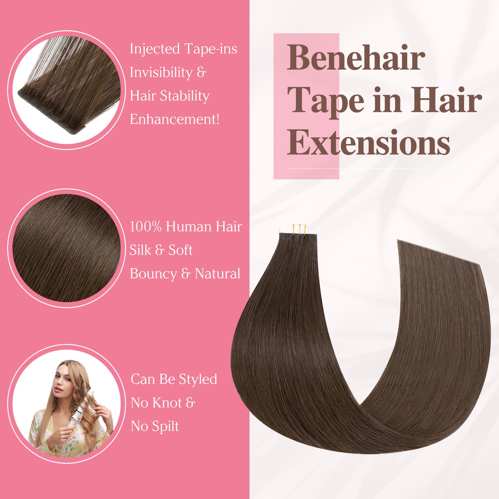Benehair Invisible Tape in Injected Hair Extensions Real Human Weft Remy Natural Real Hair Extension Straight 10 Pcs #2 Dark Brown 14 Inches (20g) - Image 2