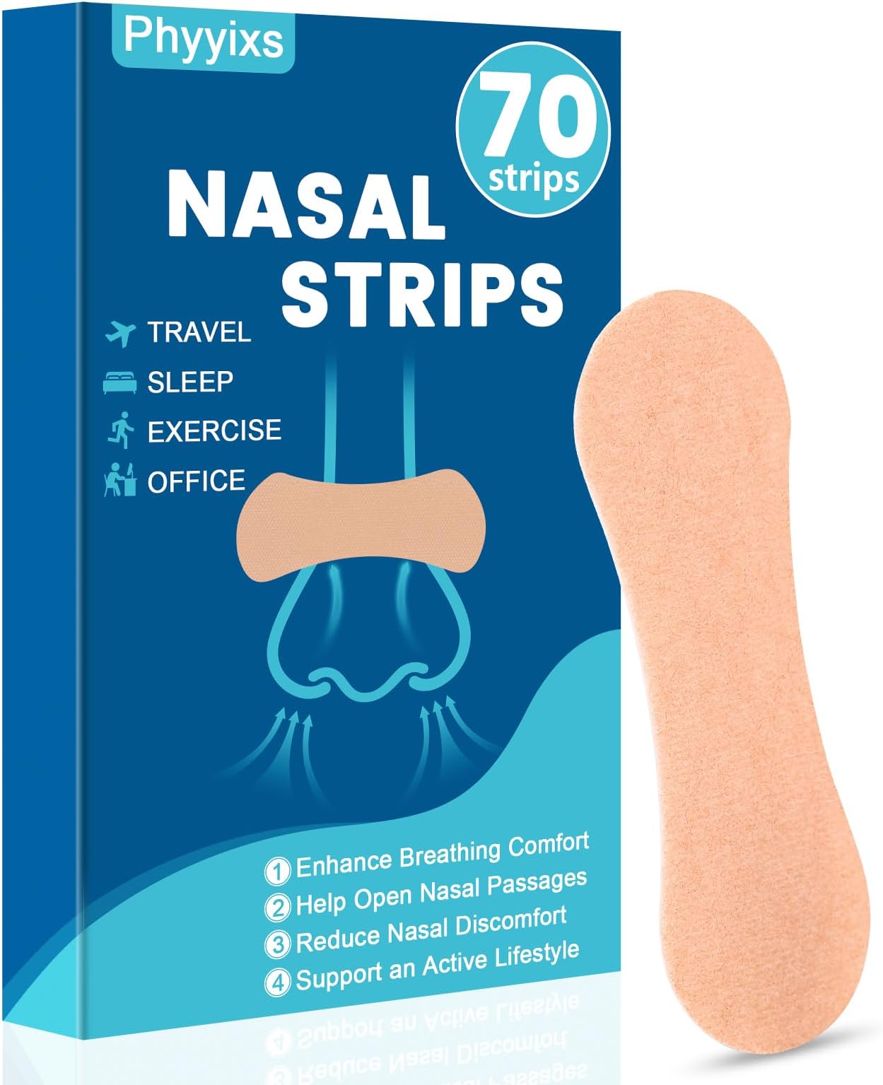 Nose Strips (70 Count) | Nasal Strips for Snoring & Breathing | Extra Strength Nose Strips for Sensitive Skin | Hypoallergenic & Sweat-Resistant | Universal Fit | Natural Color