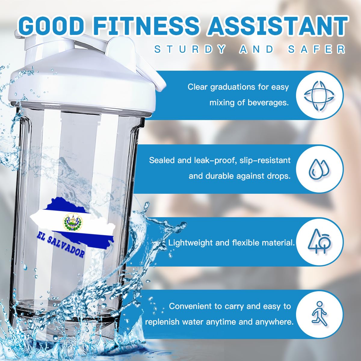 El Salvadorean Map Flag 18 Ounce Shaker Cup,Fashion Theme Pattern Shaker Bottle Leak-proof Workout Shake Bottles 500ML/18 oz Perfect for Pre Workout