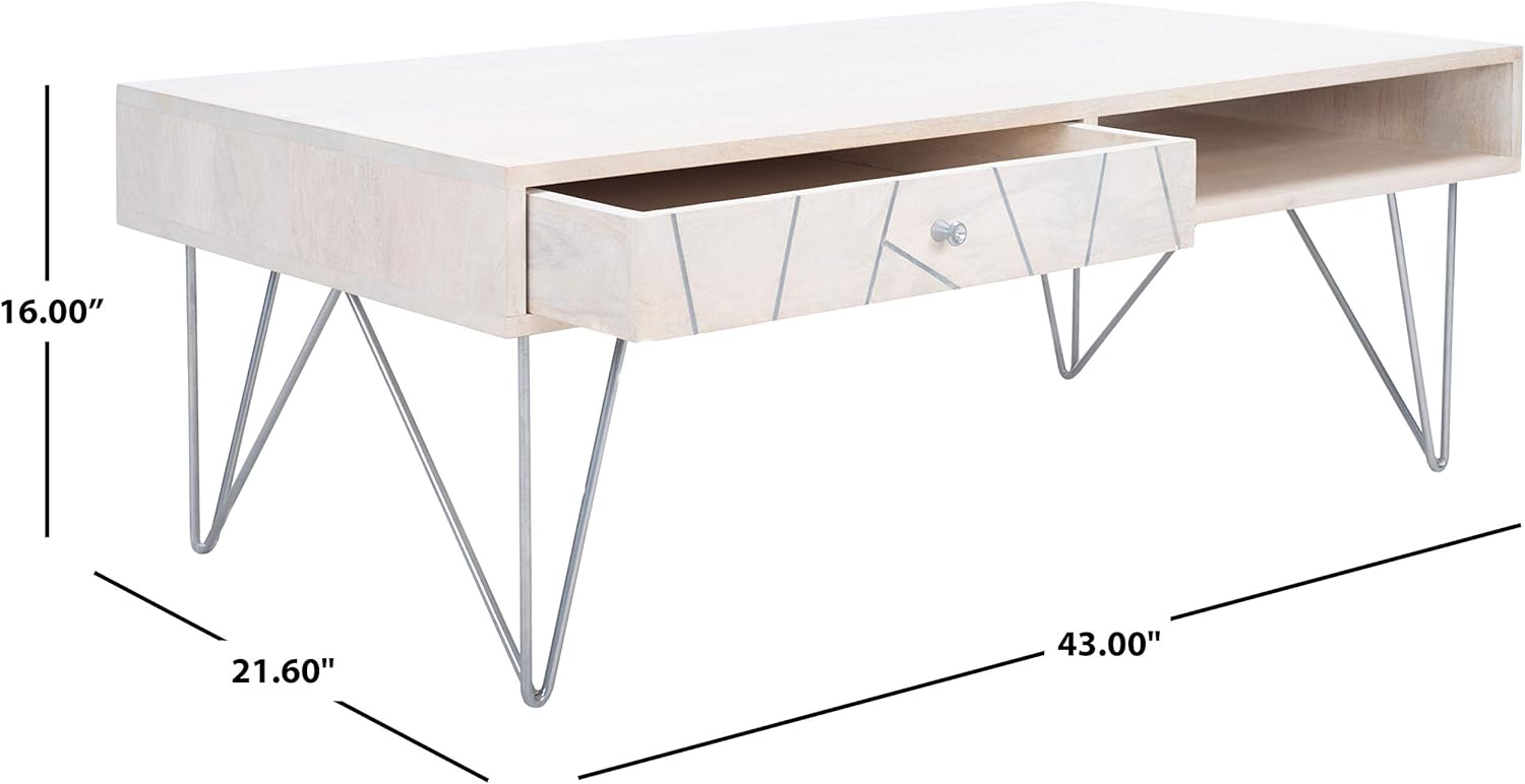 Safavieh Home Collection Marigold Mid-Century White Wash and Silver Hairpin Leg Coffee Table