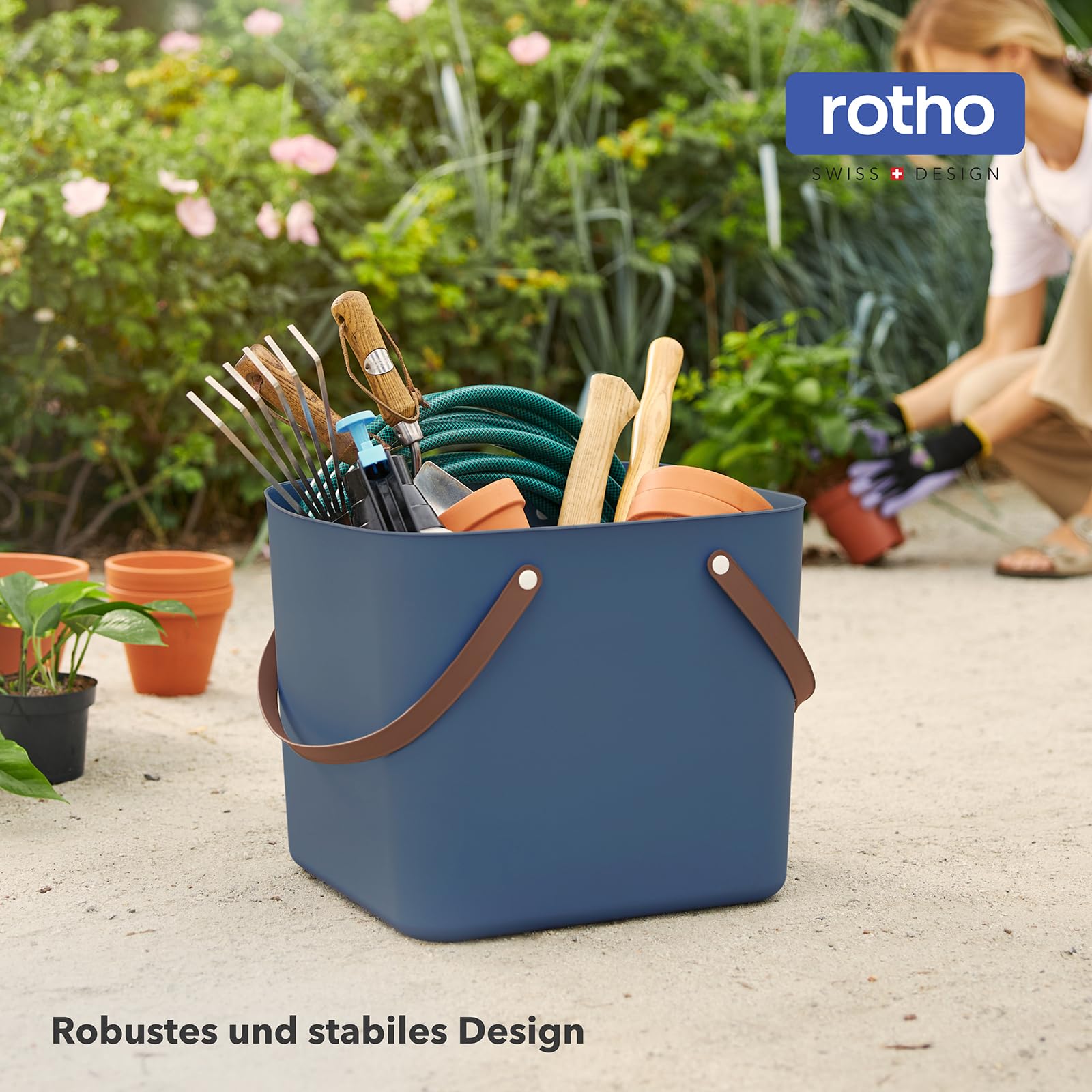 Rotho Albula Cesta de Compra Grande, 40 L / 40 kg, Plástico Reciclado, Azul Marino con Asas Estilo Cuero - Maletero, Jardín, Picnic, Almacenamiento