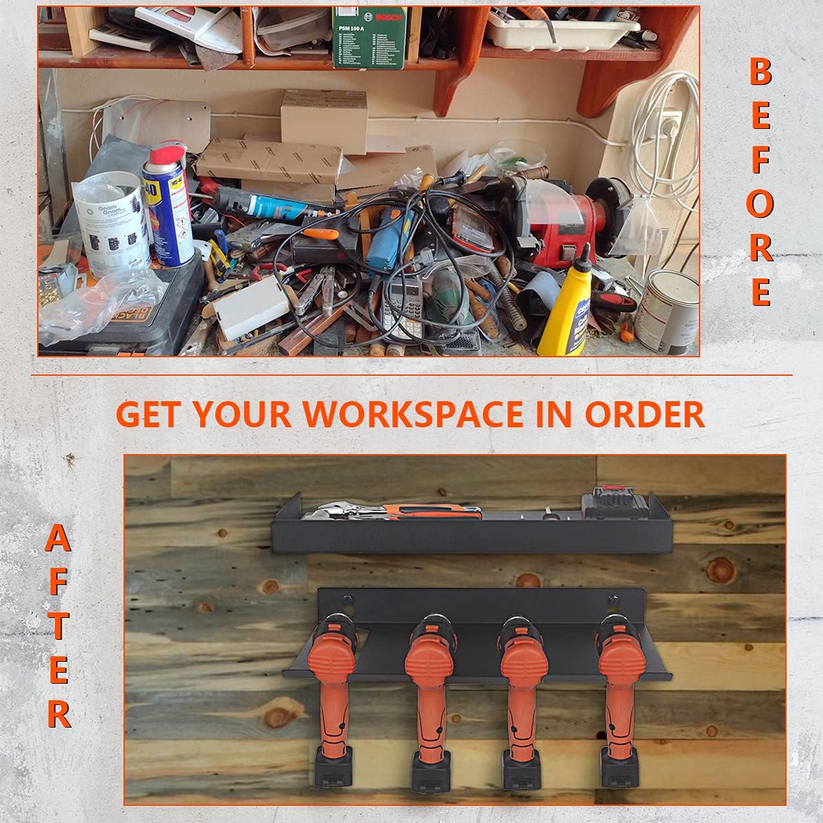 Drill Storage Rack with Storage Shelf, Butizone Wall Mount Cordless Drill Organizer, Heavy Duty Metal Power Tool Holder for Garage, Home, Workshop, Shed, Holds 4 Drills and Batteries : Tools & Home Improvement