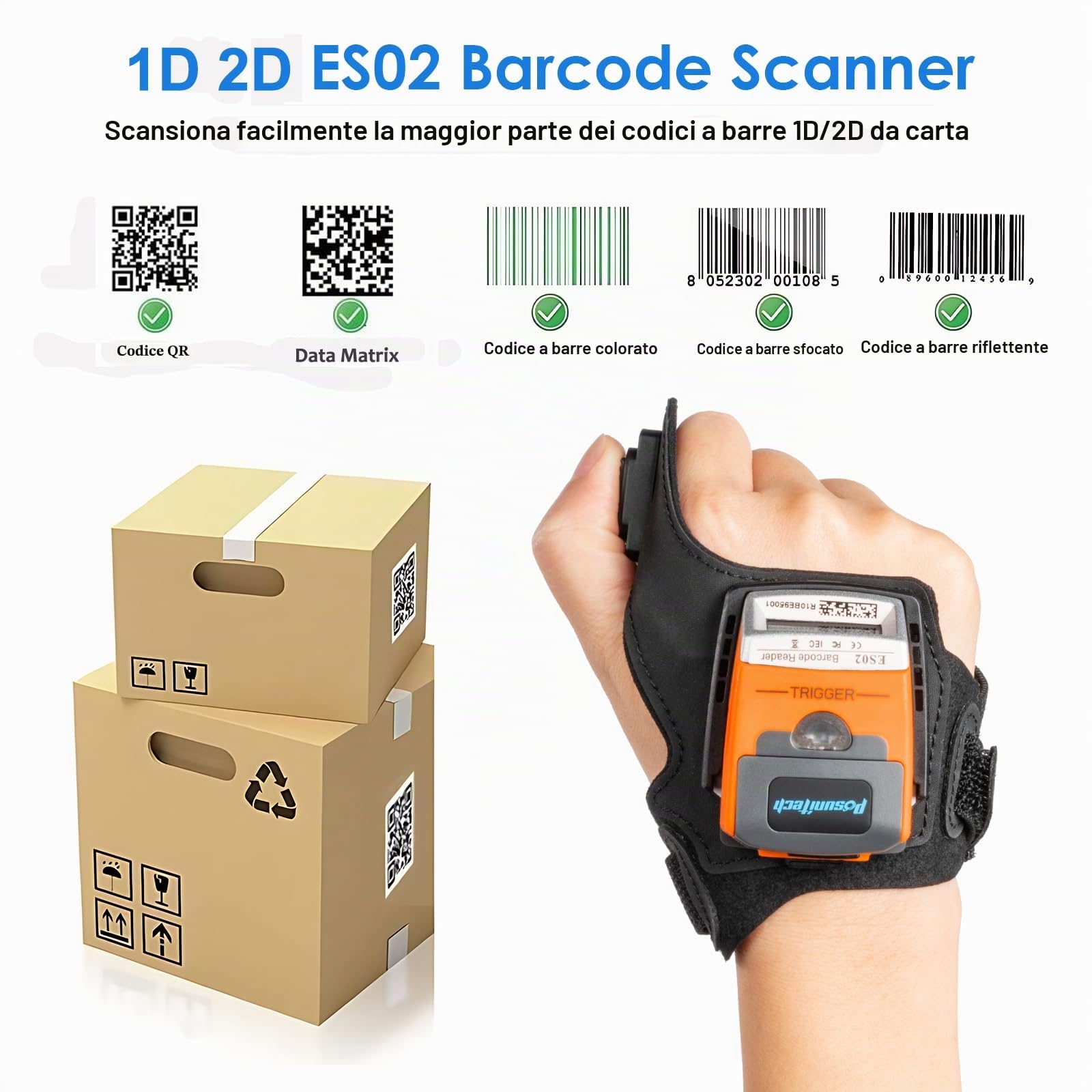 ES02 scanner per codici a barre guanto, scanner portatile Bluetooth 2D, grado di protezione IP65, adatto per magazzino, produzione, trasporto, raccolta e altre applicazioni.