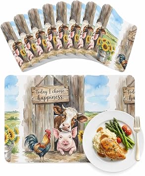 Faux Leather Placemats Set of 8, Sunflower Rooster Cow Pig PU Place Mats Farmhouse Animal Tablemats Wipeable Waterproof Non Slip Placemat Table Decorations for Kitchen Table Dining Party 12x18 Inch