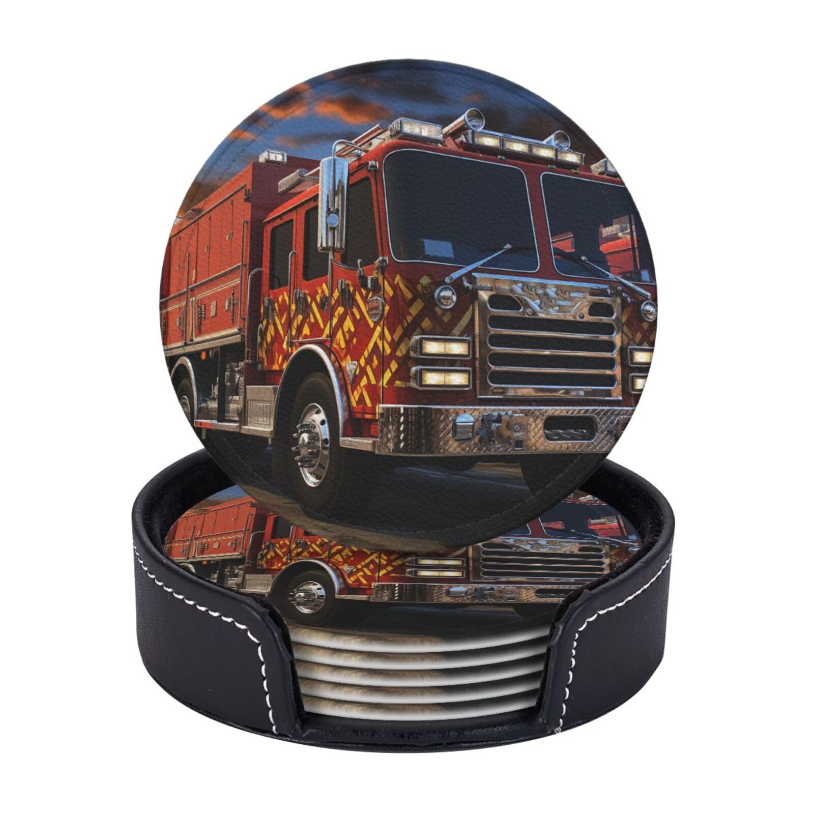 Round Coasters for Drinks Set of 6 - PU Leather Coasters with Holder - Modern Drink Coasters for Coffee Table - Fire Truck Coaster for Tabletop Protection 4" Cup Mat Pad