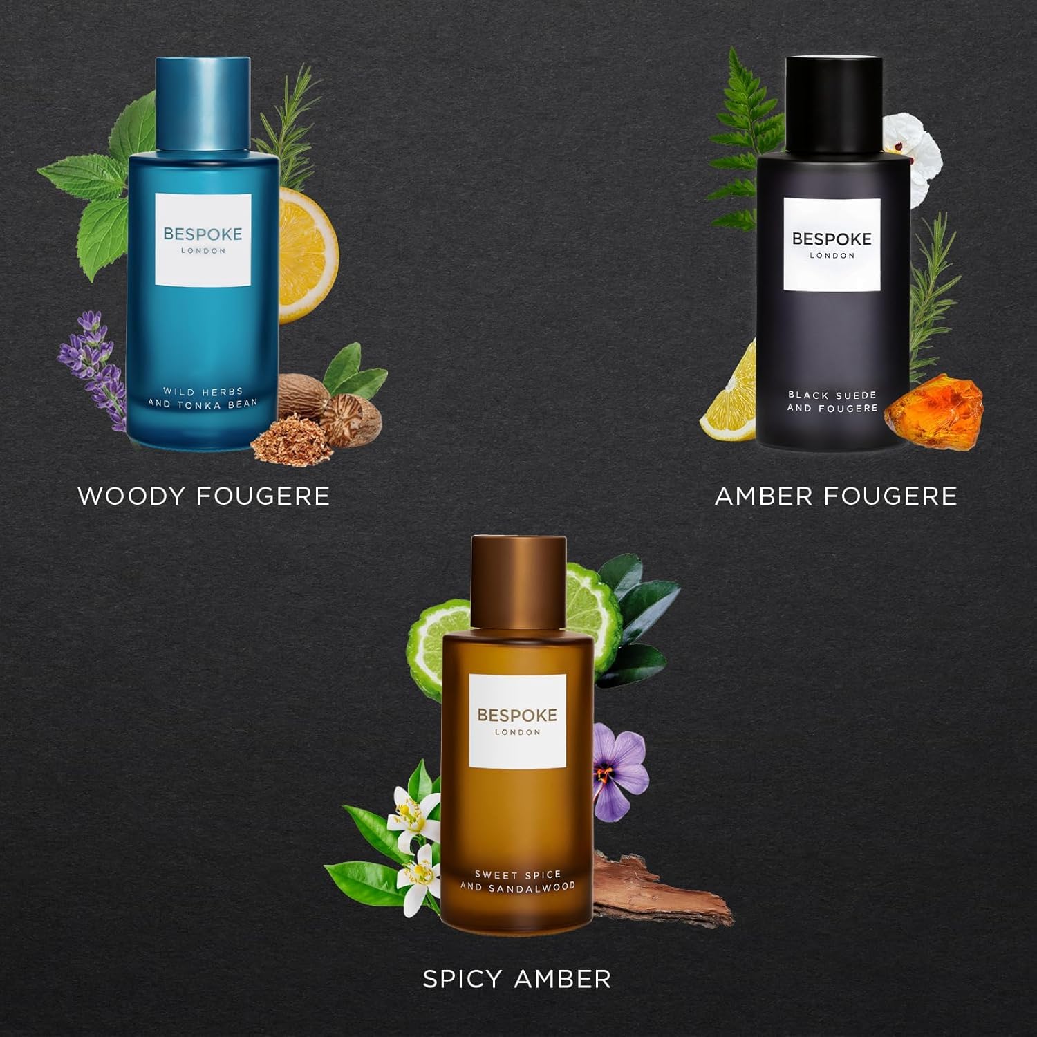 BESPOKE LONDON Coffret de Parfum Premium pour Homme, Daim noir, herbes sauvages, épices douces, Coffret mini parfum de voyage (3 x 50ml)