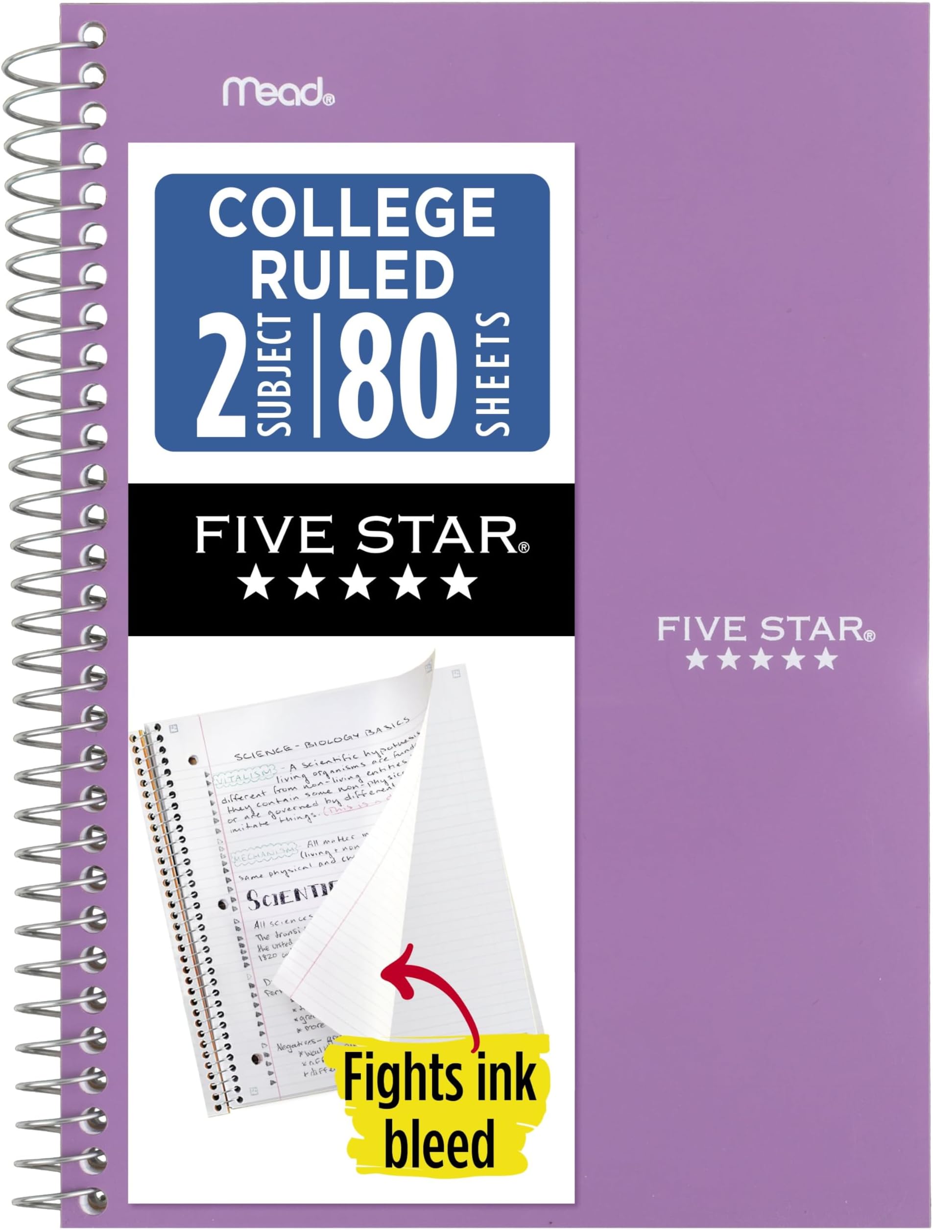 Five Star Spiral Notebook, 2 Subject, College Ruled Paper, 6" x 9-1/2", 80 Sheets, Fights Ink Bleed, Water Resistant Cover, Amethyst Purple (840029CF1-ECM)