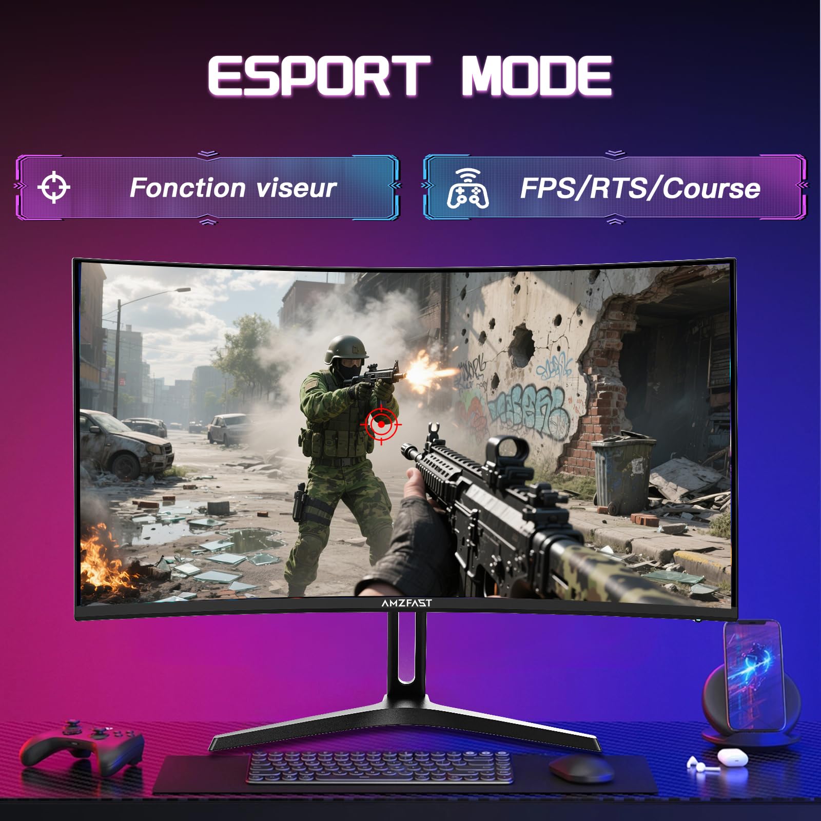Amzfast Écran PC Gamer Incurvé 24 Pouces - 180Hz, FHD 1920x1080, sRGB 130% / DCI-P3 97%, 1 ms MPRT, Anti-Lumière Bleue, Adaptive Sync, HDMI 1.4 + DP 1.2, VESA 75x75, AMZG24C1