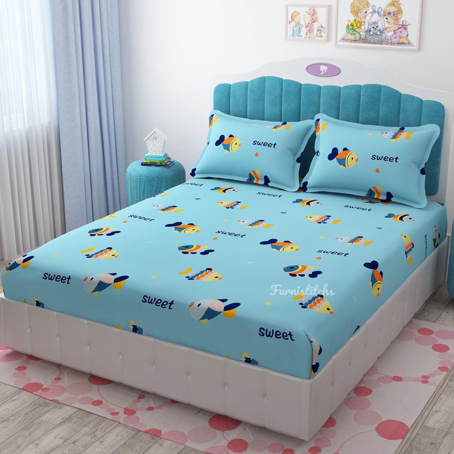 Furnistitchs King Size Glace Cotton Elastic Fitted Bedsheet with 2 Pillow Covers - Elastic Bedsheets for Double Bed 72 x 78 (King Size 72x78, Sky Sweet Fish) (B0D83NW856) Amazon Price History, Amazon Price Tracker