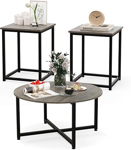 COSTWAY Juego de 3 mesas auxiliares redondas de grano de madera y 2 mesas auxiliares cuadradas con marco de metal, moderno juego de mesas de sala de