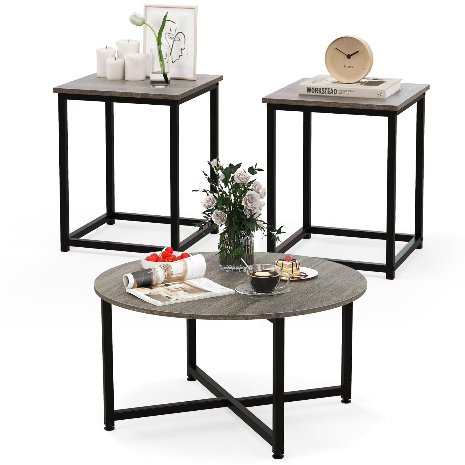 COSTWAY coffee table set of 3 with round coffee table and two square end tables in gray and black