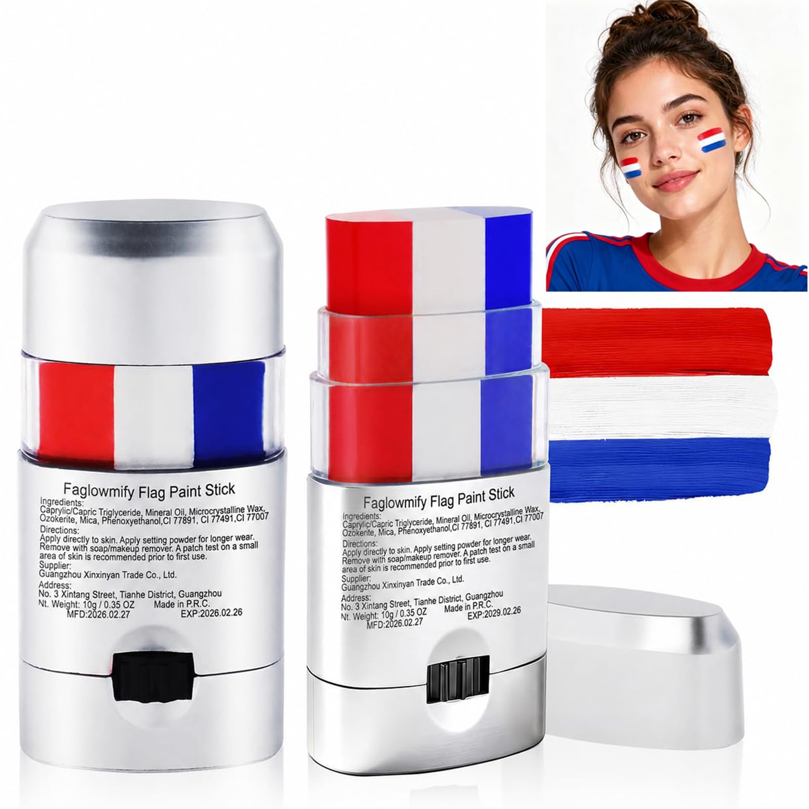 Red White and Blue Eye Black 2Pcs,4th of July USA Flag Patriotic Face Paint America Independence Day,Baseball Eye Black,Paraguay Norway Croatia France Soccer Fans Makeup for Game Day Red White and Blue Face Paint Stick - 2PCS