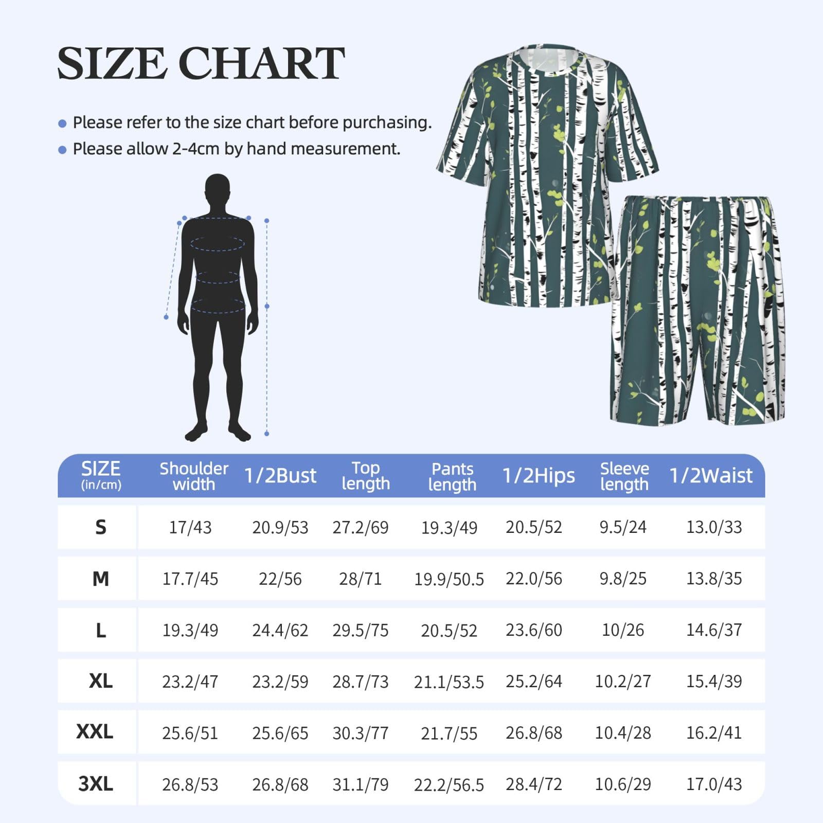 Conjunto de pijama clásico con estampado de árbol de abedul para hombre, pantalones cortos de pijama suaves para hombre, perfecto para las noches de verano