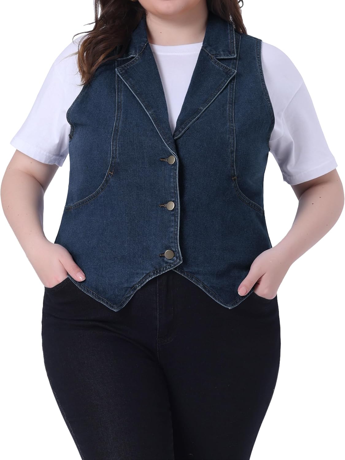 Agnes Orinda Plus Size Denim Vest for Women Lapel Sleeveless Casual Waistcoat Jean Vest Jacket