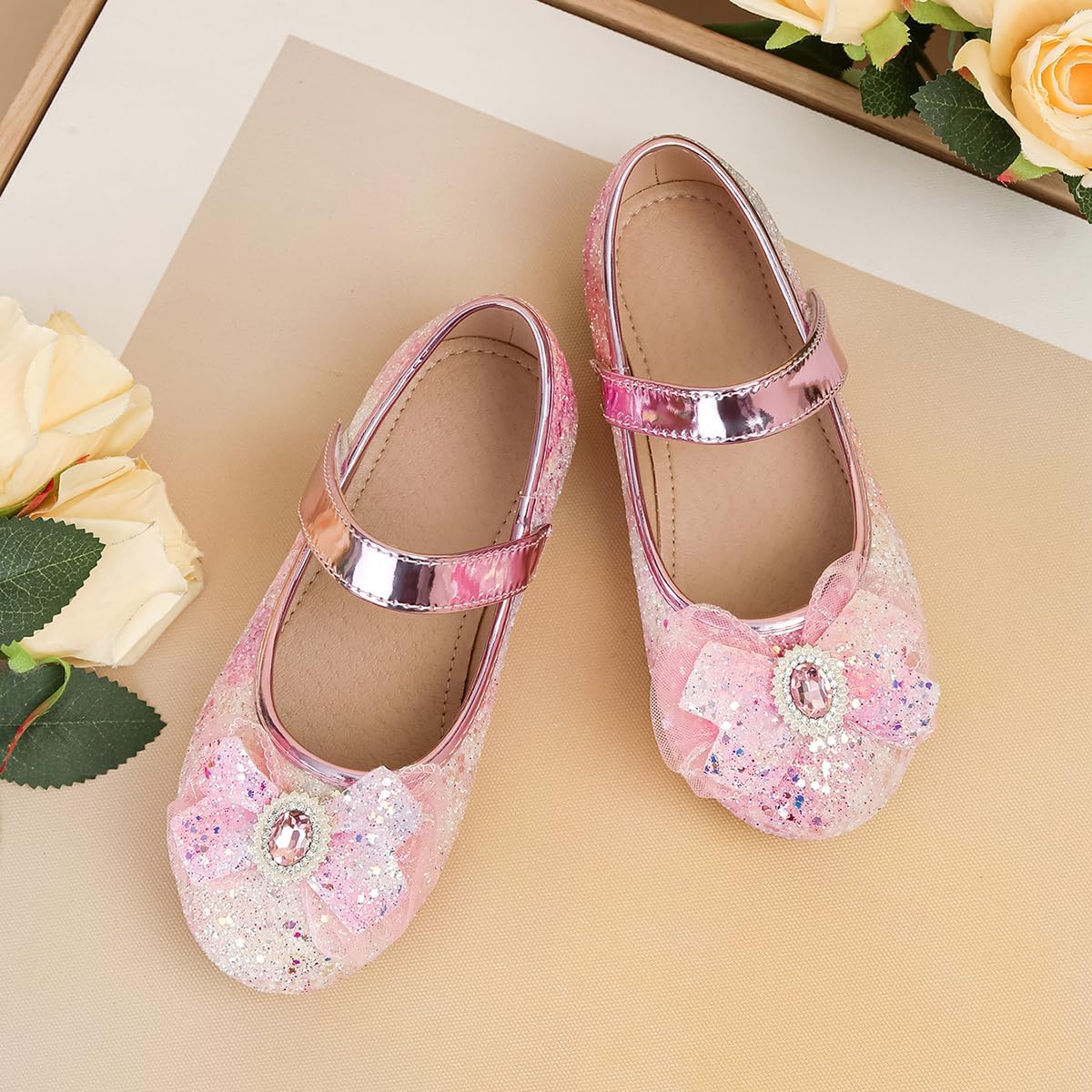 Girls Glitter Mary Jane Flats with Bow Wedding Party Dress Shoes