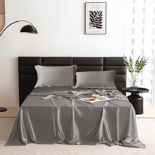 Miniatura 9 de THXSILK Juego de sábanas de seda de 4 piezas, juego de sábanas de tamaño matrimonial, 22 sábanas de seda Momme 7A+, sábanas suaves y transpirables