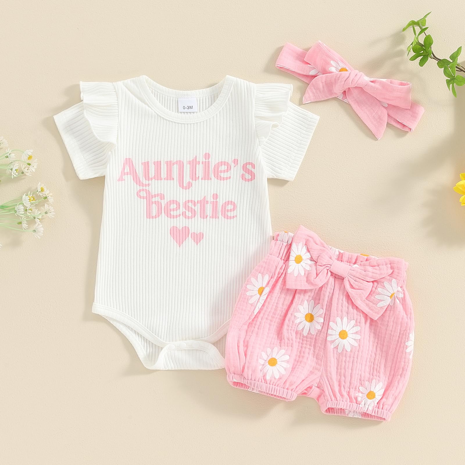 Ursobutegl Aunties Bestie Outfits Newborn Baby Girls Short Ruffle Sleeve Ribbed Romper Floral Shorts Summer Clothing Set(Pink-daisy,0-3 Months)