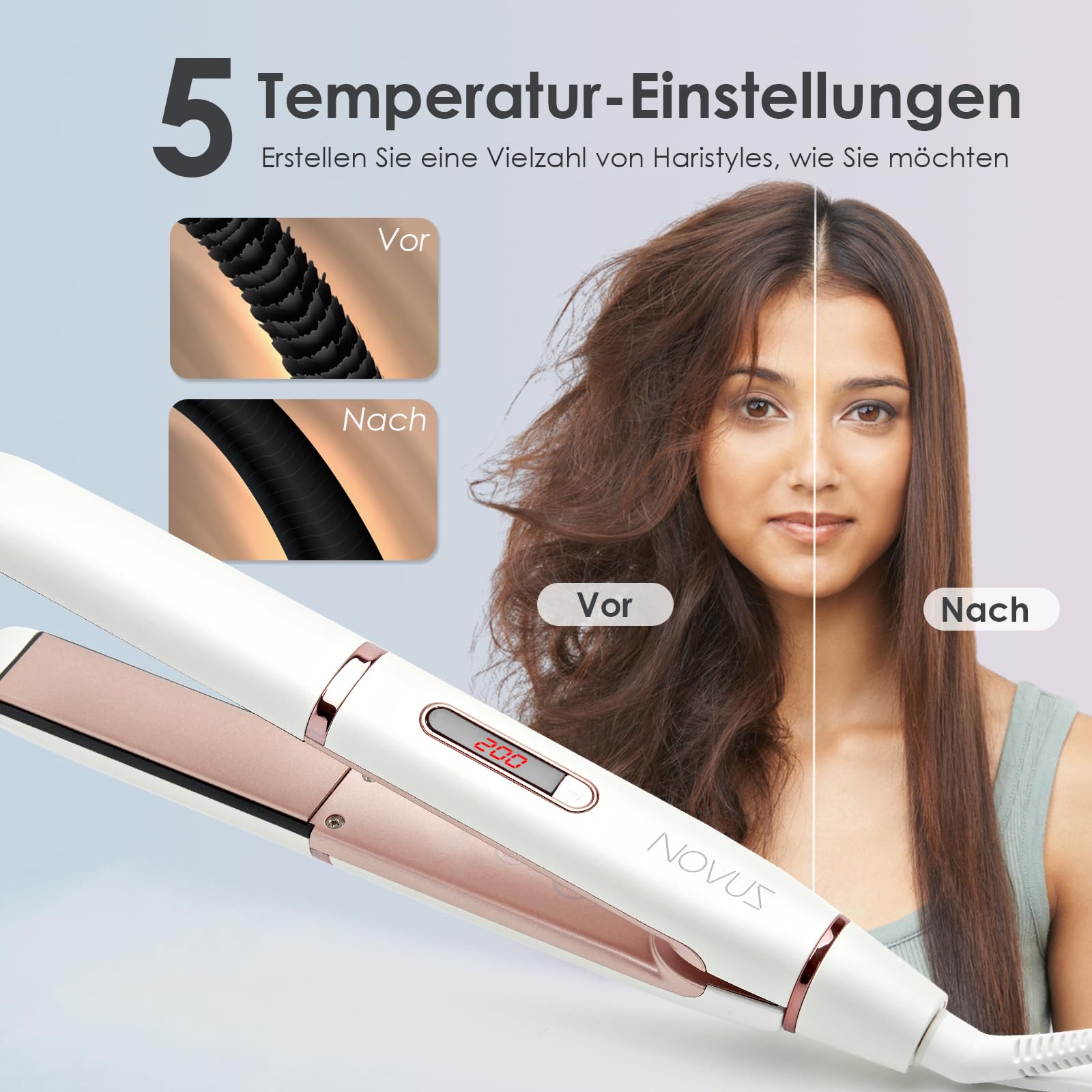 NOVUS Prostownica do włosów, 1 cal, regulowana temperatura (150°-230°) z płaską prostownicą LCD, szybkie nagrzewanie Dual Voltage prostownica do włosów z automatycznym wyłączaniem (biała)