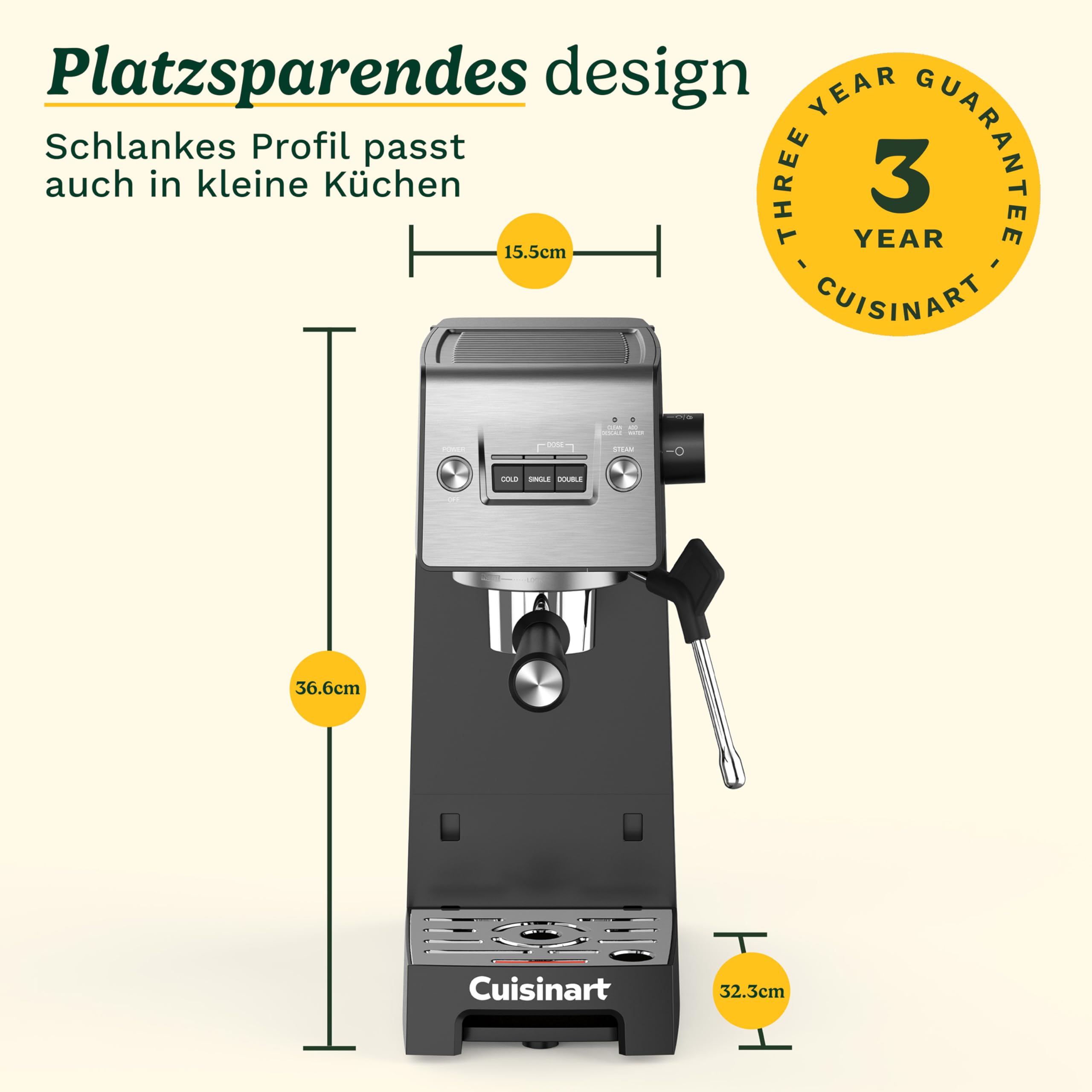 Cuisinart Slim Kaffeemaschine | Espresso, Americano, Cold Brew | Integrierter Milchaufschäumer | 15 Bar | Siebträger ohne Boden | kompakt | Reisebecher | 1,5L Tank, Edelstahl Slim