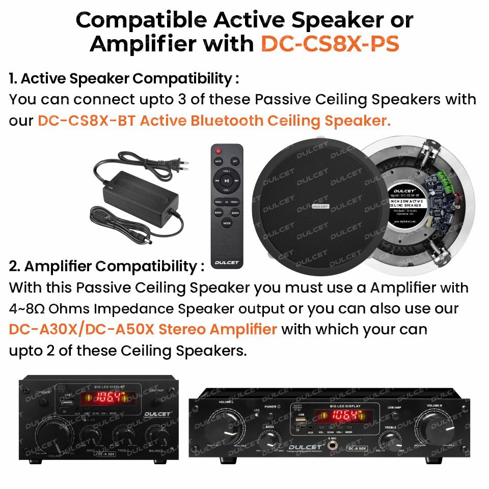 Image of DULCET DC-CS8X-PS Black 8 inch 20W Full Range 8 Ohms Passive Ceiling Speaker that Connects to Active Bluetooth Ceiling Speaker (Active Bluetooth Speaker to be Purchased Separately)