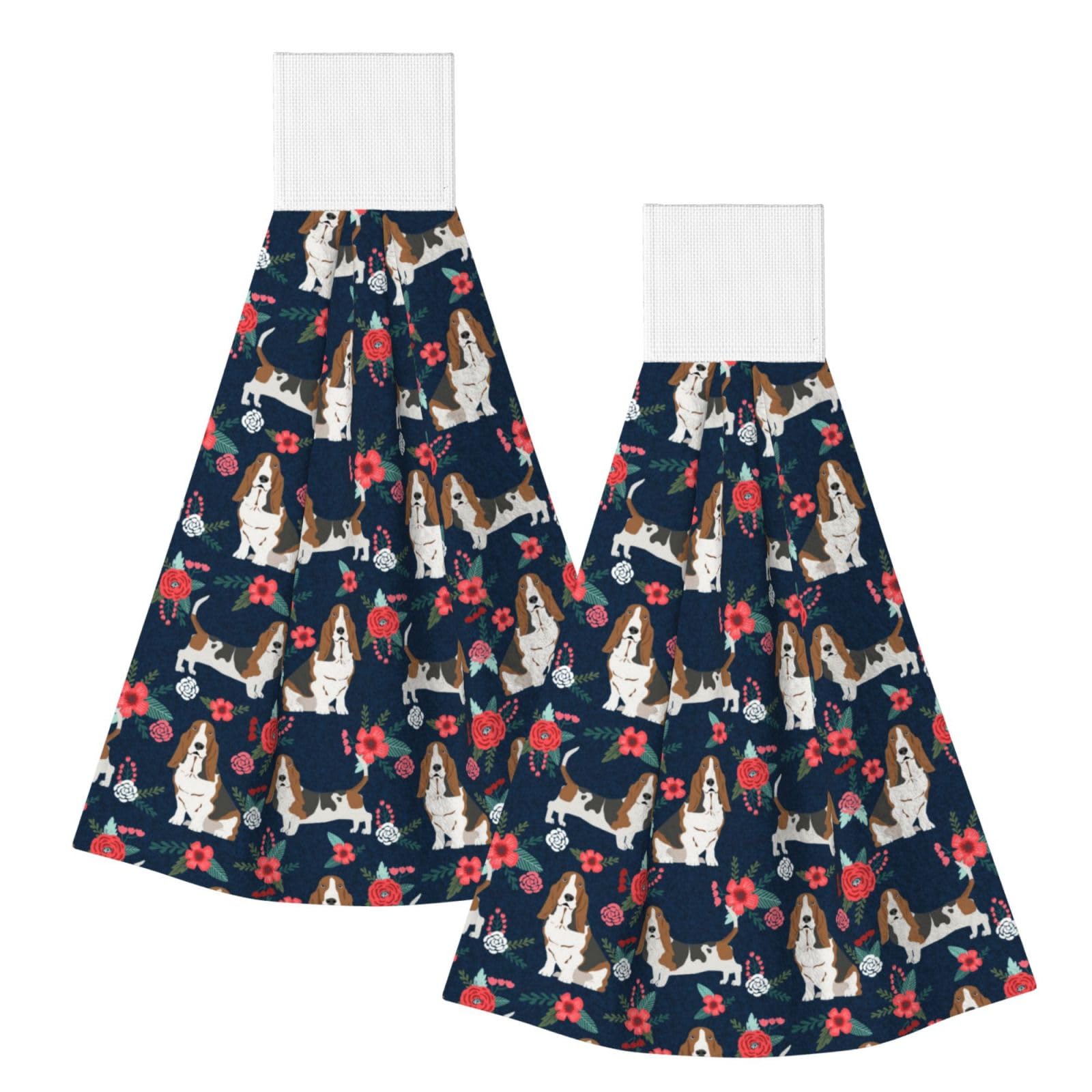 DOPKLNA Basset Hound Navy And Poppy Floral, 2 Pcs Hanging Coral Fiber Hand Towels for Bathroom, Absorbent Kitchen Towels