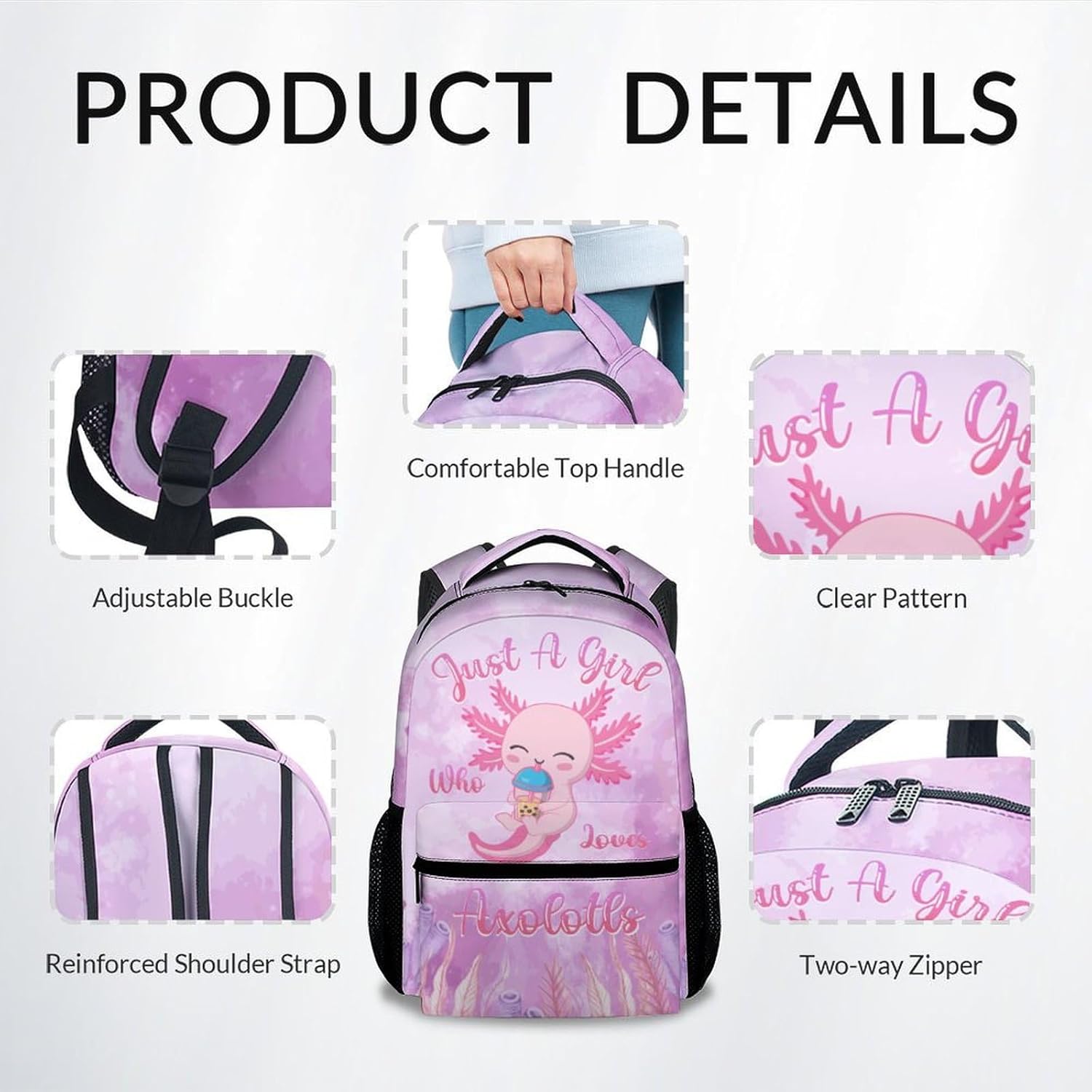 COZYAURA Kids School Backpack - 17 Inch Cute Axolotl Bookbag for Girls - Durable Pink School Bag for Elementary & Travel