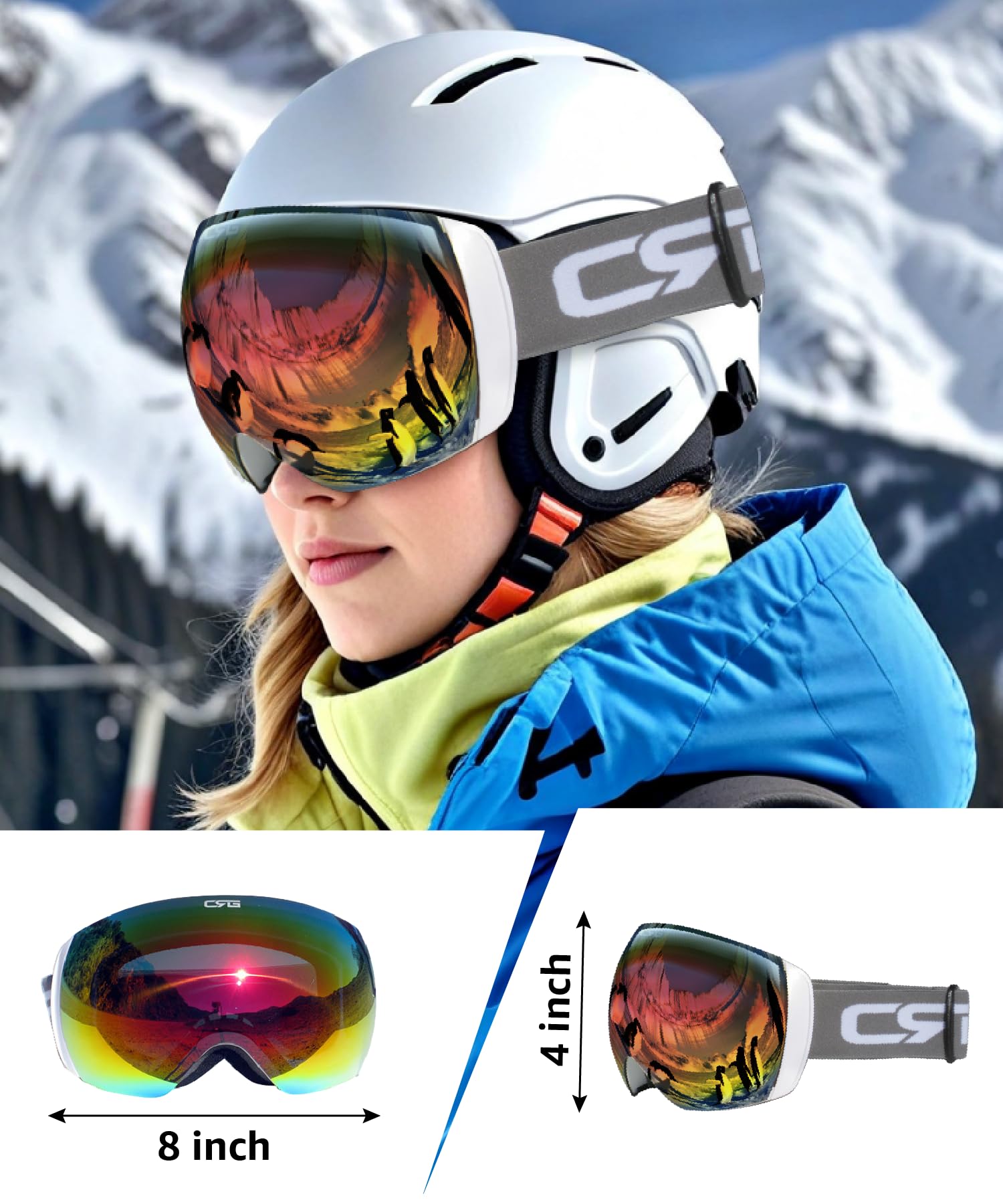 CRG Sports Gogle narciarskie - bezramowe gogle śnieżne dla mężczyzn i kobiet - 100% ochrona przed promieniowaniem UV T815S-159 (REVO Red)