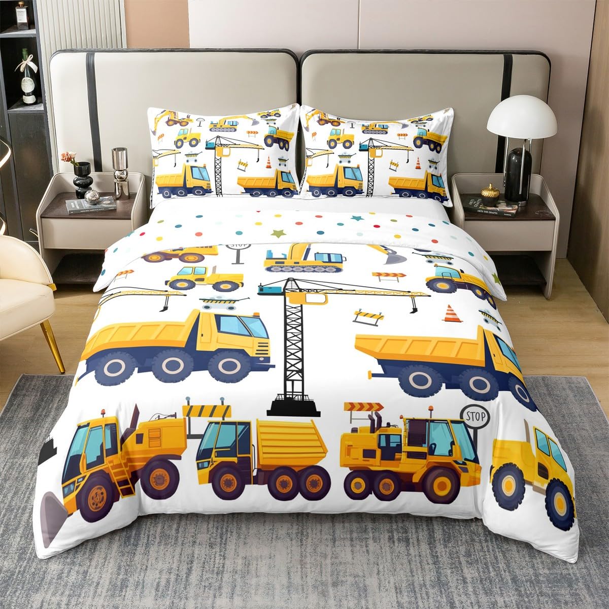 Erosebridal Kids Construction 100% Cotton Twin Bedding Sets for Boys,Excavator Trucks Comforter Cover Cartoon Tractor Car Vehicle Toddler Bed Set