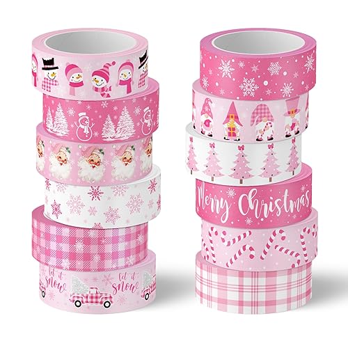 Whaline 12 rollos de cinta washi rosa y blanca con diseño de árbol de copo de nieve a cuadros, cinta adhesiva decorativa para regalo de fiesta,