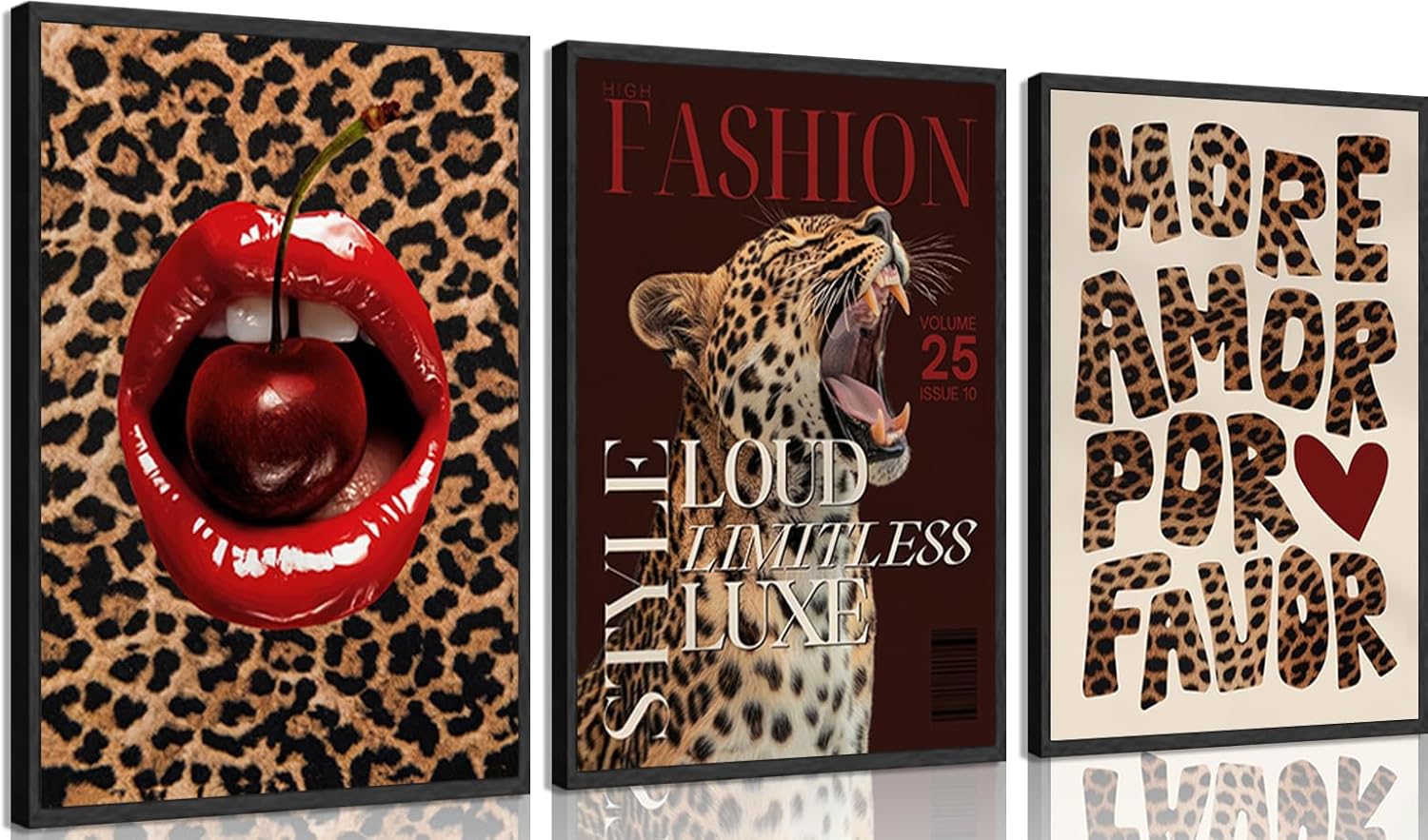 3Pcs Trendy Red Leopard Canvas Wall Art, Sexy Cherry Lips Painting Pictures Wall Decor, Fashion Preppy Cheetah Poster Print Artworks for Girl Bedroom, Apartment, Home Decoration 16x24in Unframed