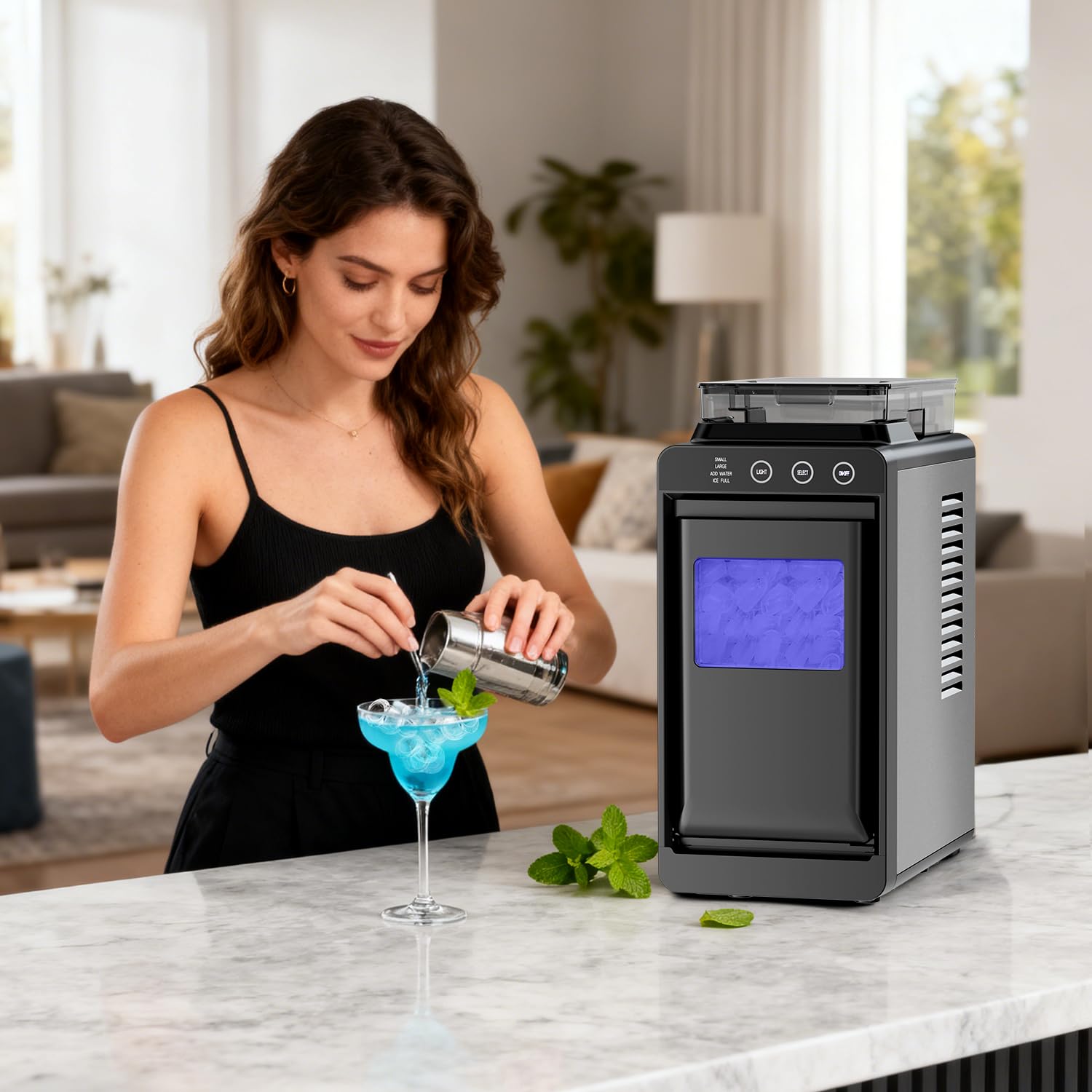 Countertop Ice Maker with Dual Water Tank, 2L Large Capacity, 8 Bullet Ice Cubes in 6 Mins, 26 lbs/24 H, 2 Ice Sizes and Blue Light, Self-Cleaning Ice Machine for Home, Office and Bar Black